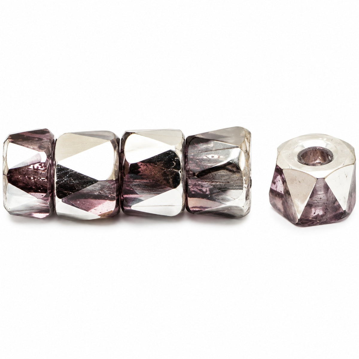 Faceted Oval Beads Special Cut, Transparent Light Amethyst Crystal Silver Half Coating (20040-27001), Glass, Czech Republic