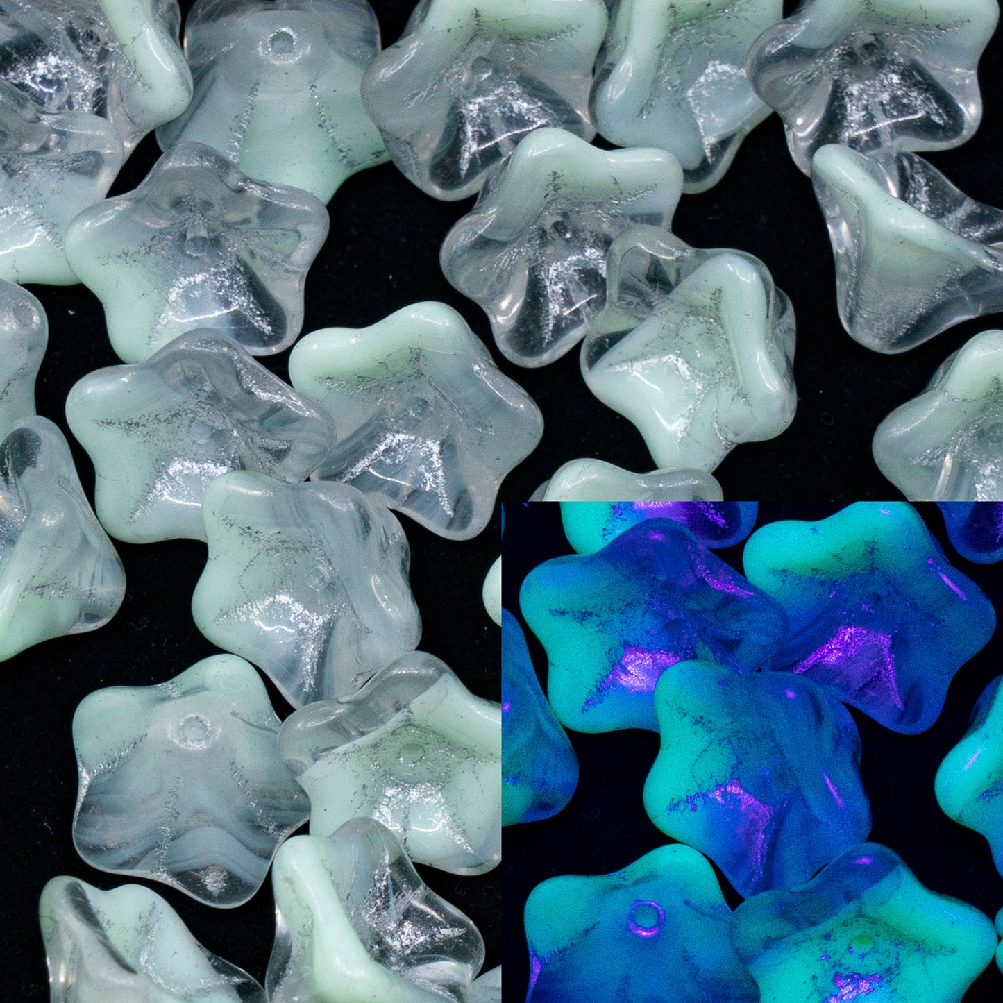 清仓大甩卖 10克 矮牵牛花珠,8 x 13毫米,混合绿松石水晶镀银(56208-54301),玻璃,捷克共和国