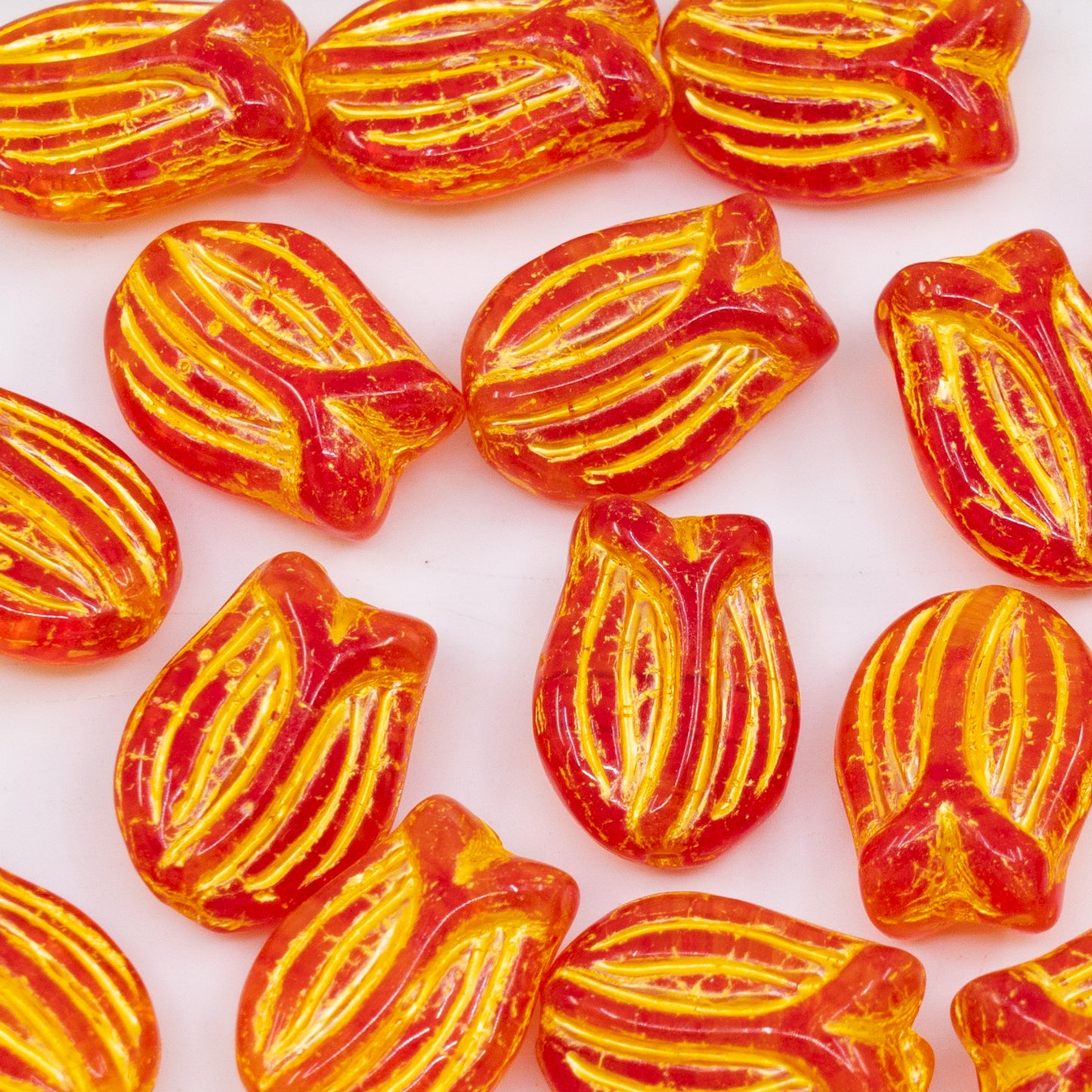 OUTLET 250g/50g Mini Tulip Beads, 16 x 11 mm, Striped Red Yellow Lined (R0098-54320), Glass, Czech Republic