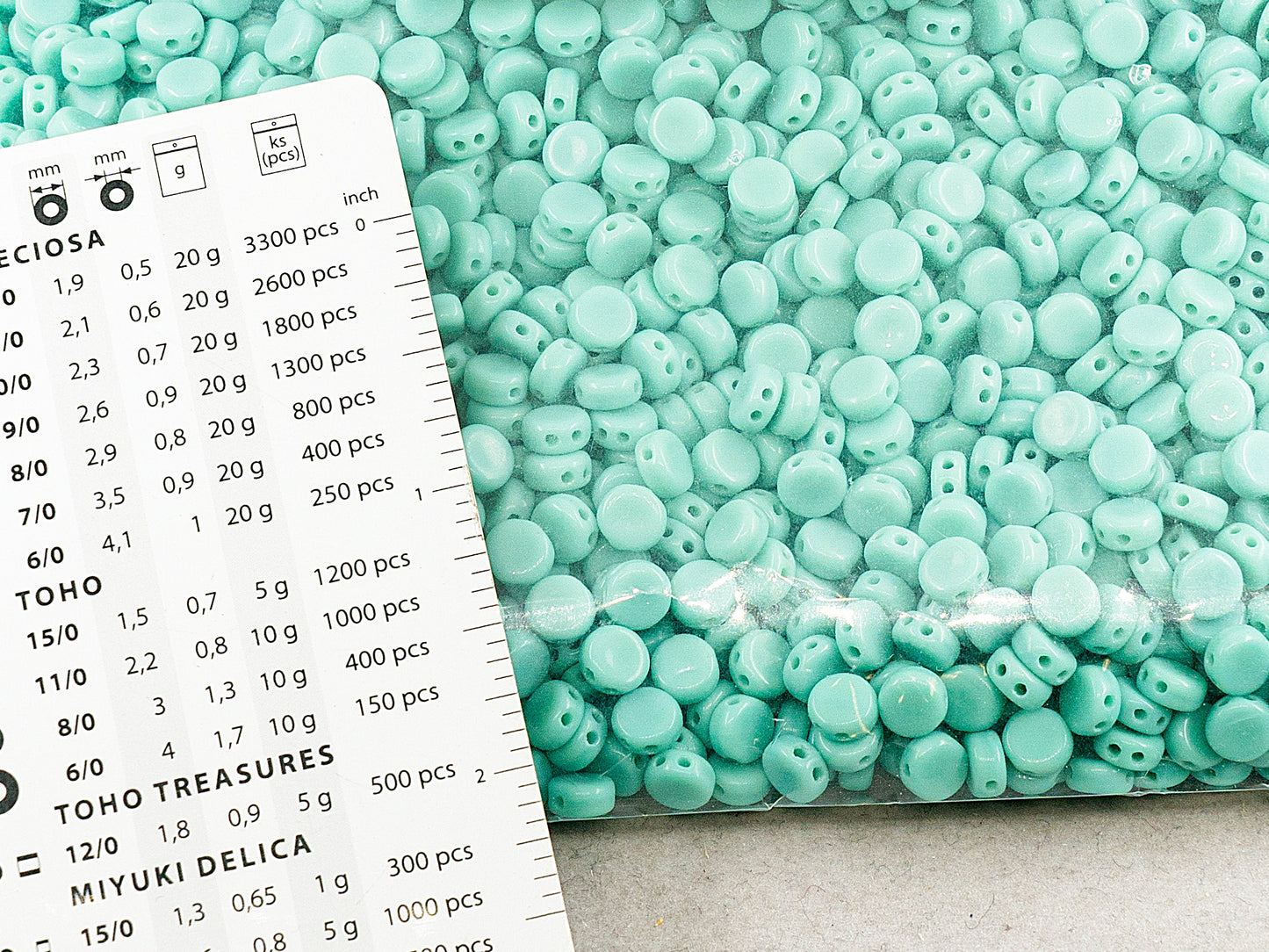 アウトレット 250g ラウンドフラットプレスコイン2穴ビーズ 2d、6 x 6 mm、ターコイズ (63130)、ガラス、チェコ共和国