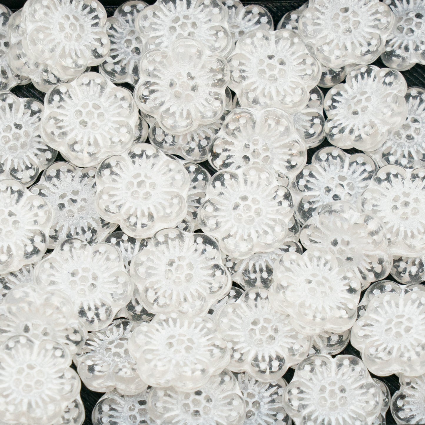 OUTLET 10 grams Flower Pressed Glass Beads, 14 x 14 mm, Crystal White Lined (00030-46401), Glass, Czech Republic