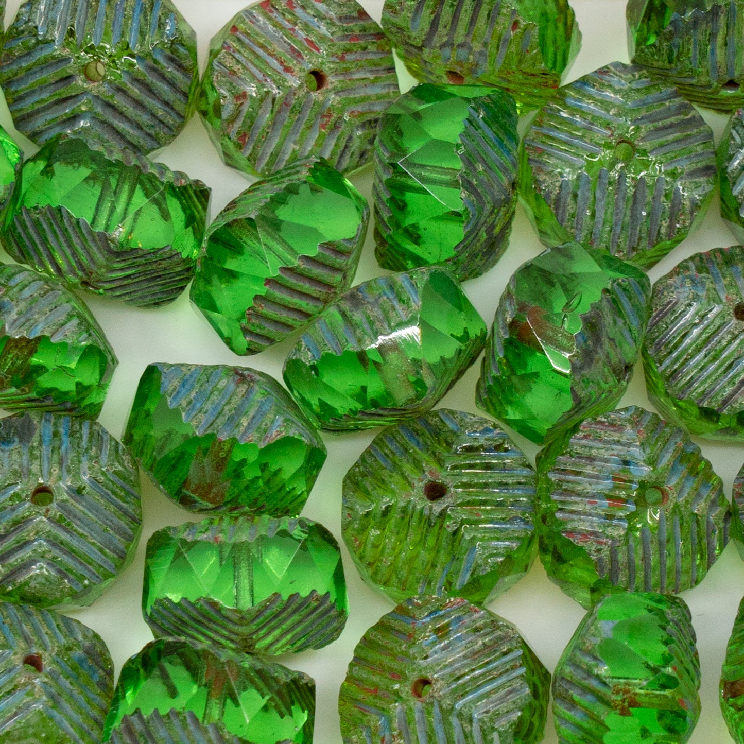 アウトレット 10グラム ファセット加工スペシャルロンデルビーズ ファイアポリッシュ 10 x 14 mm 透明グリーンステインストロング (50110-86805) ガラス チェコ共和国