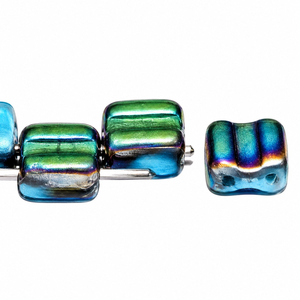 Silky 2-Hole Square Beads, Turquoise Blue Matte Crystal Vitrail Medium Coating (63030-84110-28101), Glass, Czech Republic