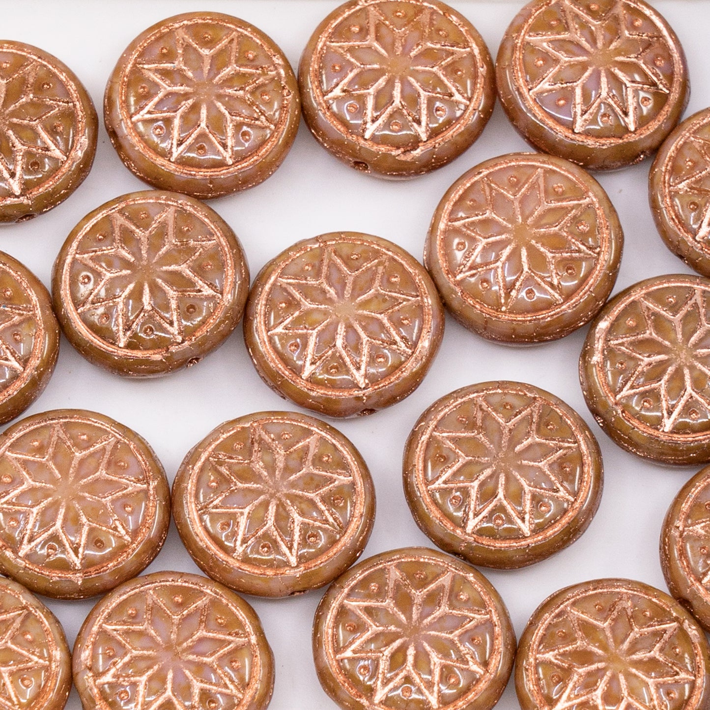 OUTLET 50 grams Pressed Round Beads with Star Ornament, 13 x 13 mm, Opaque Pink Travertin Copper Lined (74010-86800-54307), Glass, Czech Republic