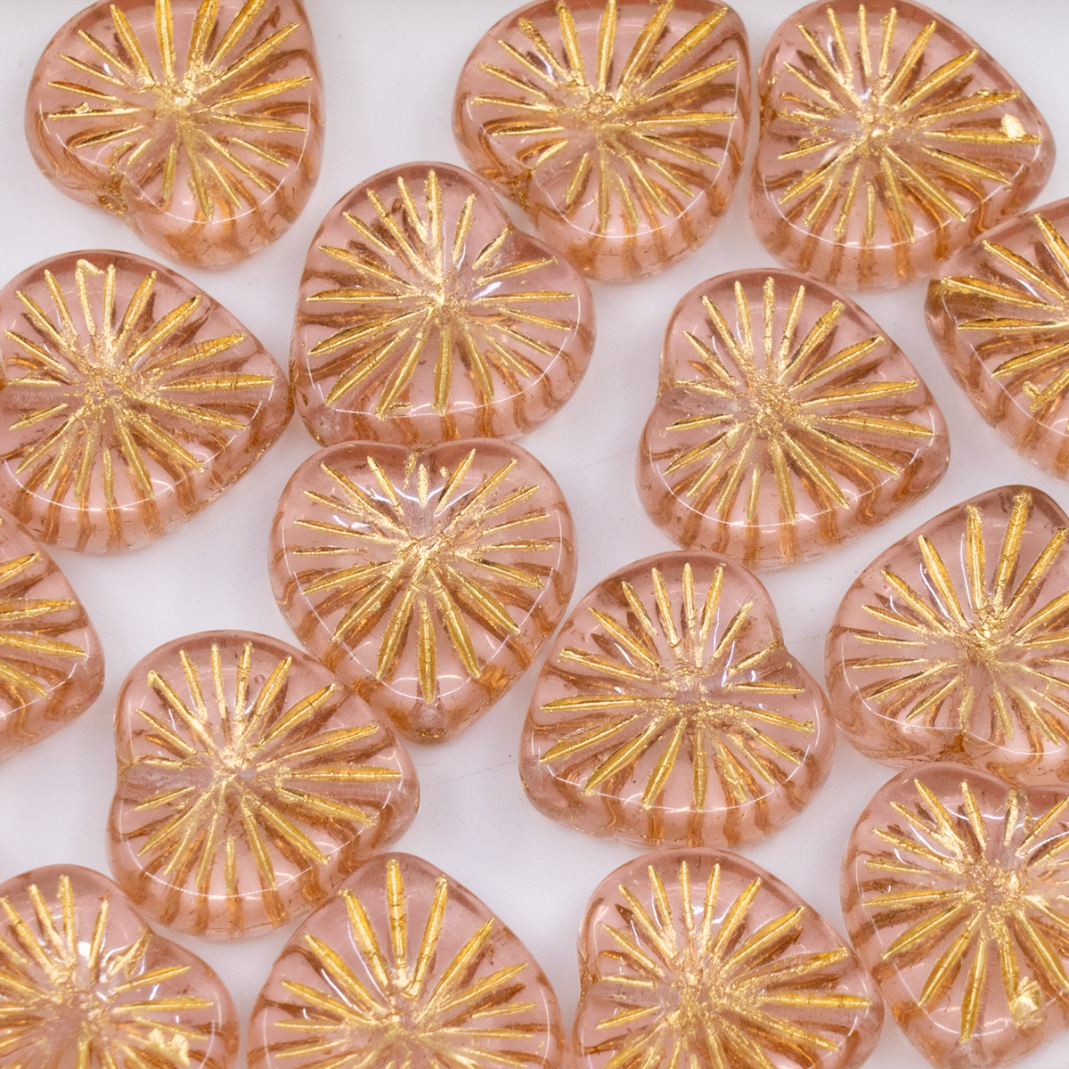 OUTLET 250g/50g Kiwi Heart Beads, 14 x 14 mm, Transparent Pink Gold Lined (70120-54302), Glass, Czech Republic
