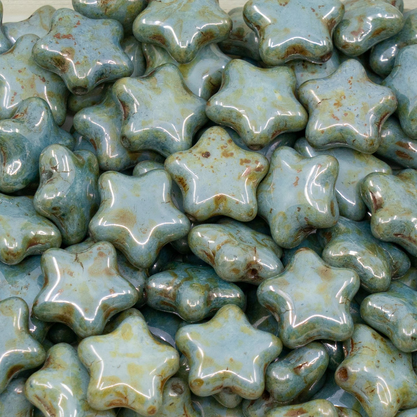 OUTLET 250g Flat Star Beads, 12 x 12 mm, White Stain With Luster Blue (02010-65431), Glass, Czech Republic