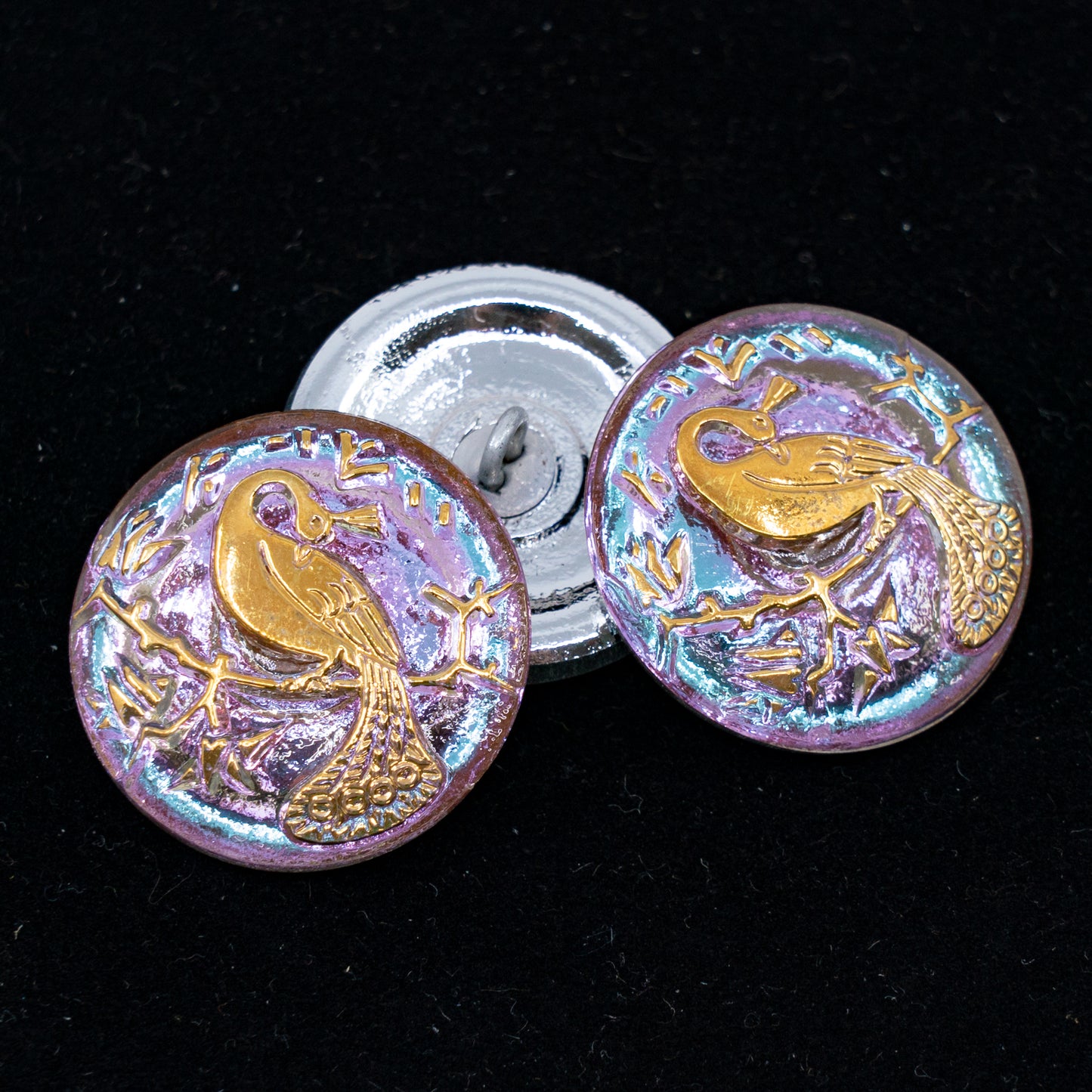 OUTLET 1 pcs Czech Glass Handmade Button, s10 x 22 mm, Peacock Vitrail Light Gold (peacock-VTL-gold), Glass, Czech Republic