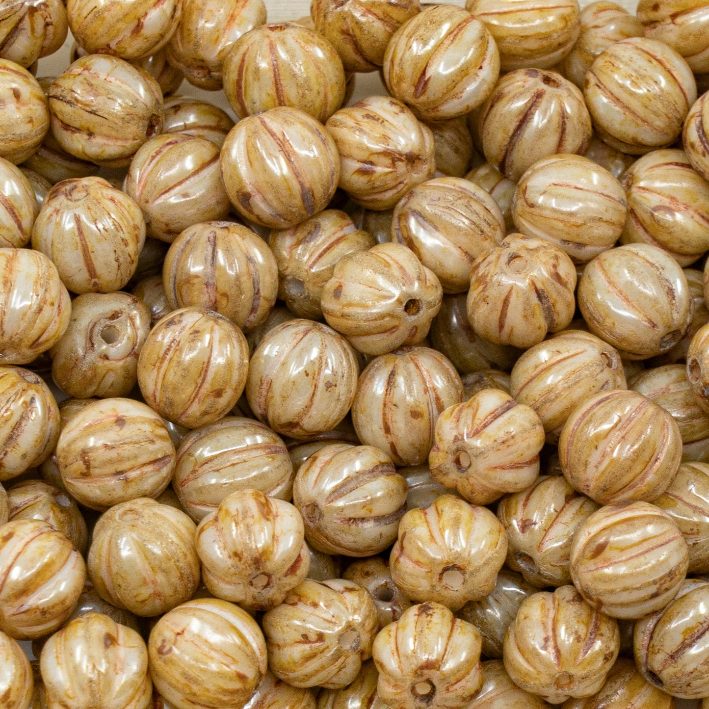 OUTLET 250g Melon Beads, 8 x 8 mm, White Stain With Luster Amber (02010-65401), Glass, Czech Republic