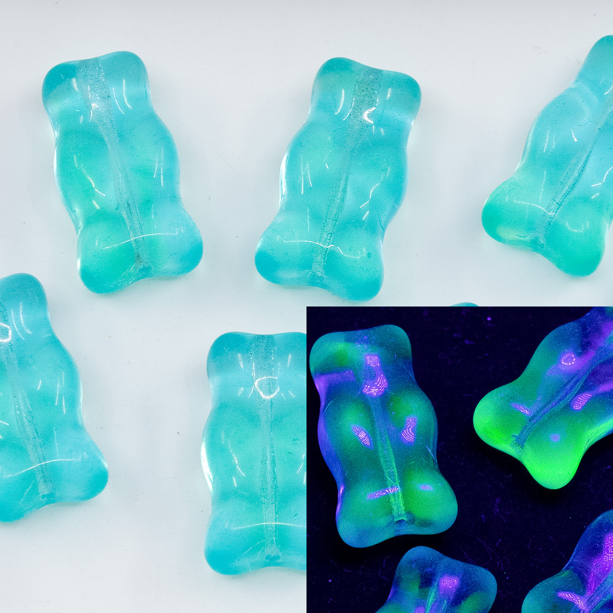 OUTLET 250g/50g Gummy Bear Beads With Hole, 20 x 11 mm, Turquoise Uranium (57601), Glass, Czech Republic