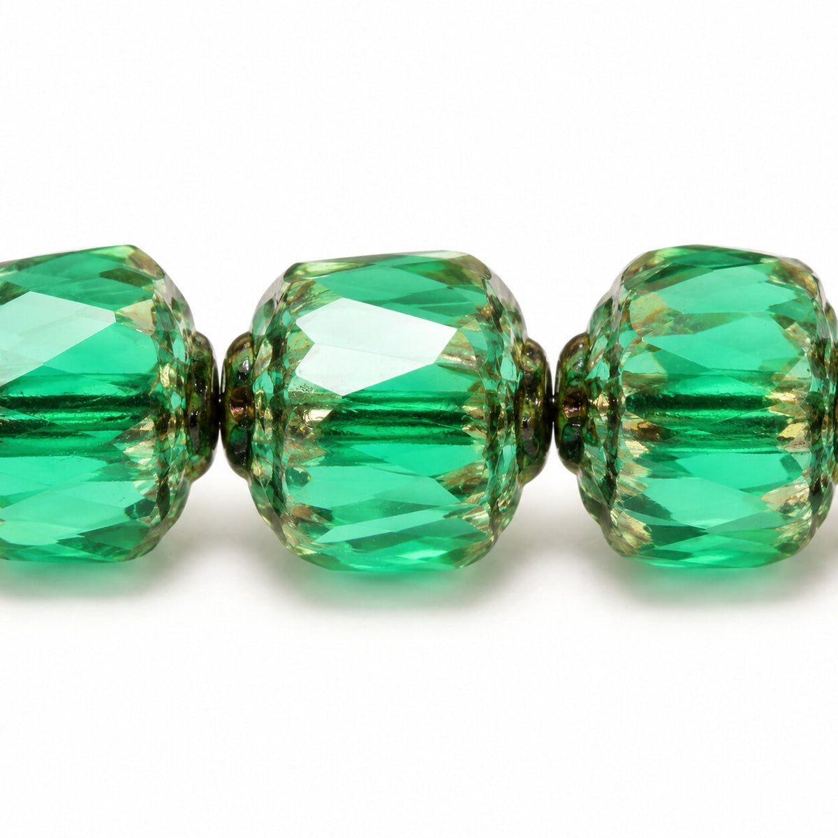 Cathedral Faceted Fire Polished Beads, Transparent Green Emerald Bronze (50650-14415), Glass, Czech Republic