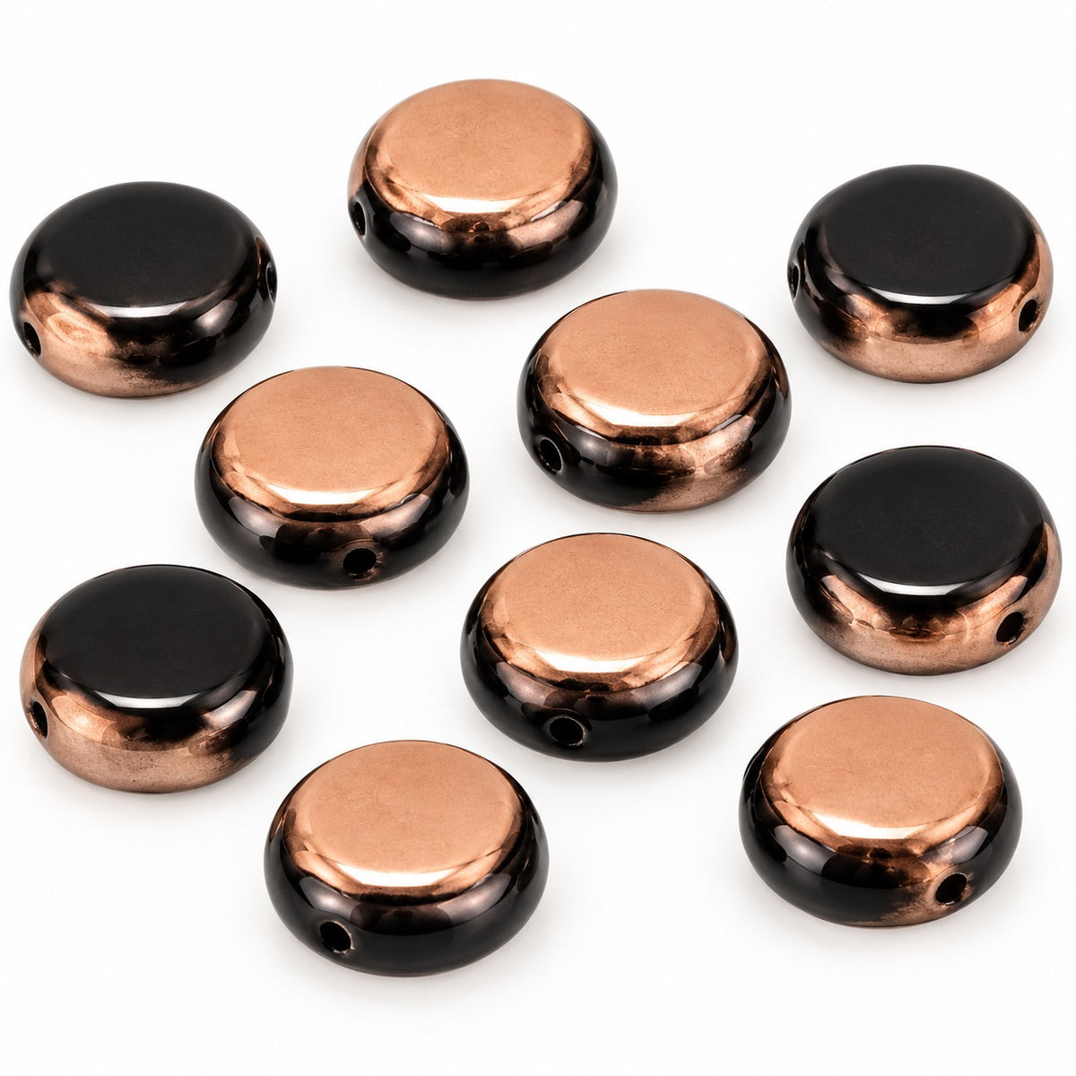 Flat Round Coin Beads, Black Rose Gold Capri (23980-27101), Glass, Czech Republic