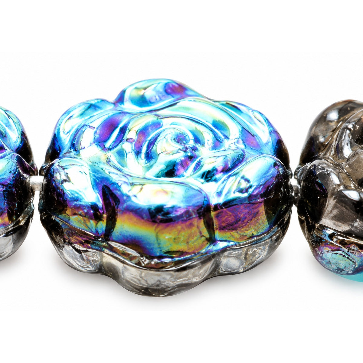 Flat Rose Flower Beads, Black Ab (23980-28701), Glass, Czech Republic