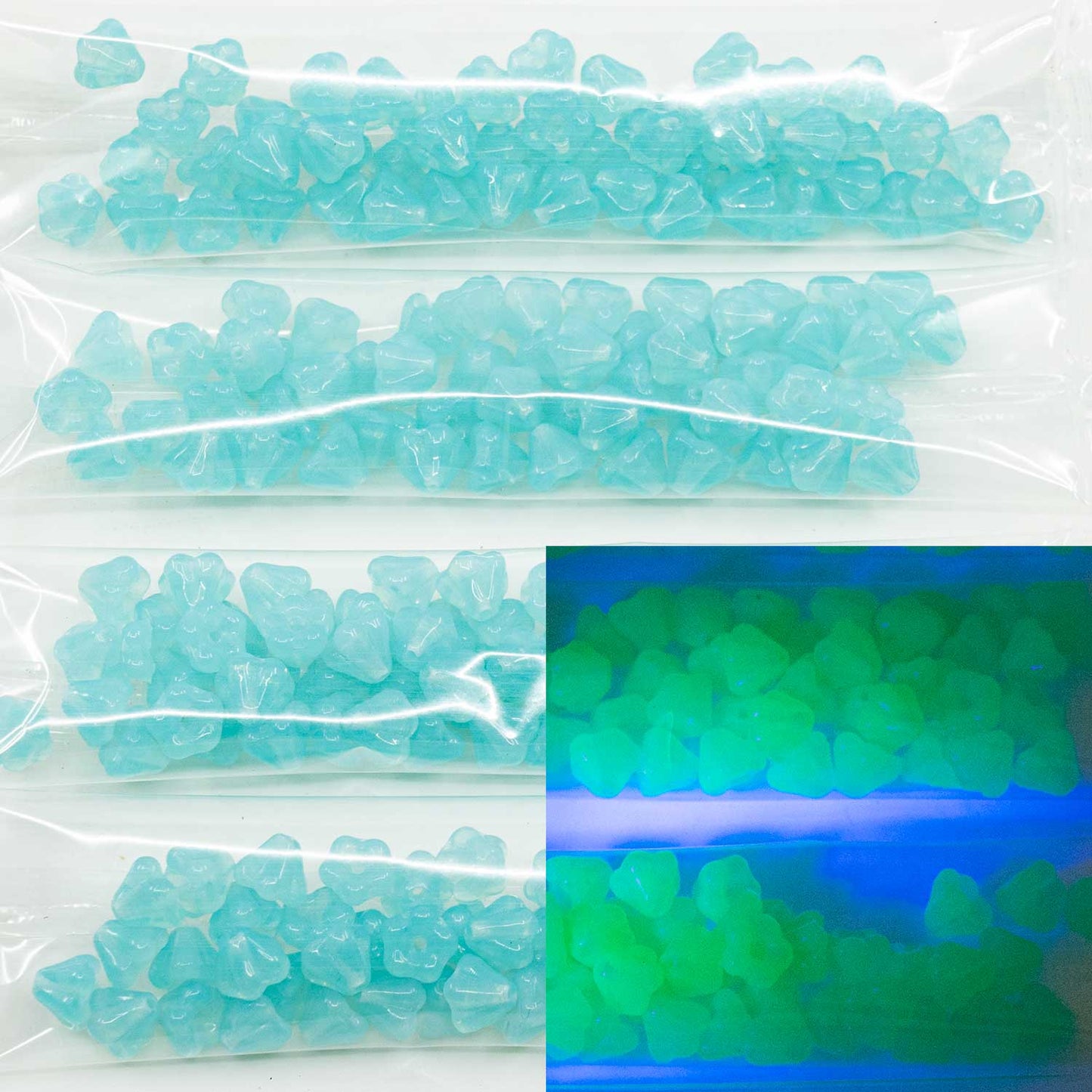 アウトレット 10グラム ベルフラワービーズ、4 x 6 mm、オパールアクア(61010)、ガラス、チェコ共和国