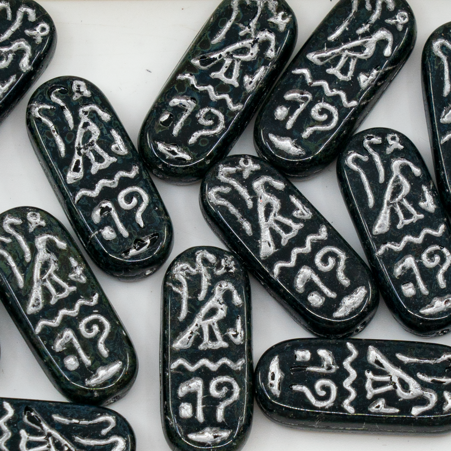 OUTLET 10g Egypt Rectangle Beads, 25 x 10 mm, Black Travertin Silver Lined (23980-86800-81403), Glass, Czech Republic