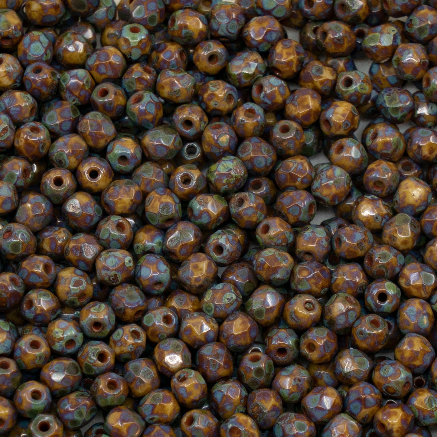 アウトレット(125g/250g)ファセットラウンドファイアポリッシュビーズ、不透明イエロートラバーチン(83110-86800)、ガラス、チェコ共和国