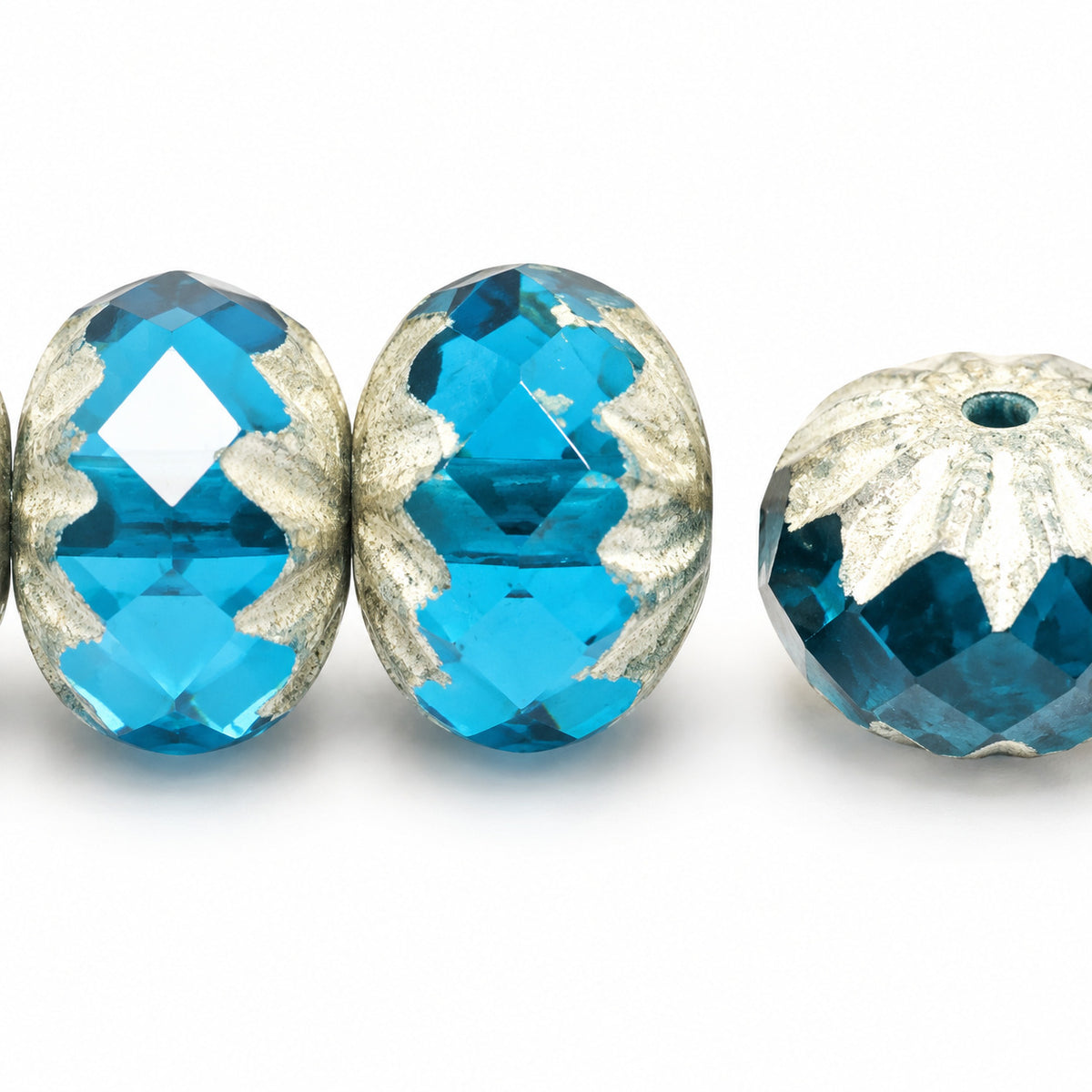 Special Cut Faceted Fire Polished Beads, Transparent Aqua Antique Silver Patina (60050-81002), Glass, Czech Republic