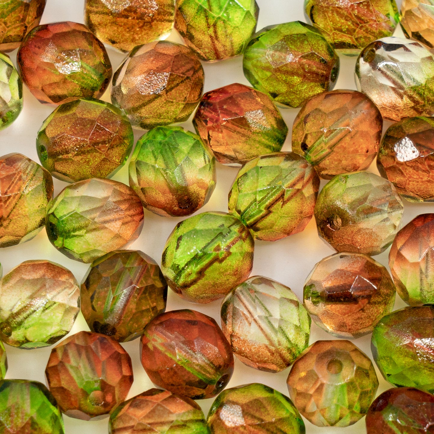 OUTLET 10 克刻面圆形火抛光珠,10 x 10 毫米,橙绿色水晶(00030-橙绿色),玻璃,捷克共和国