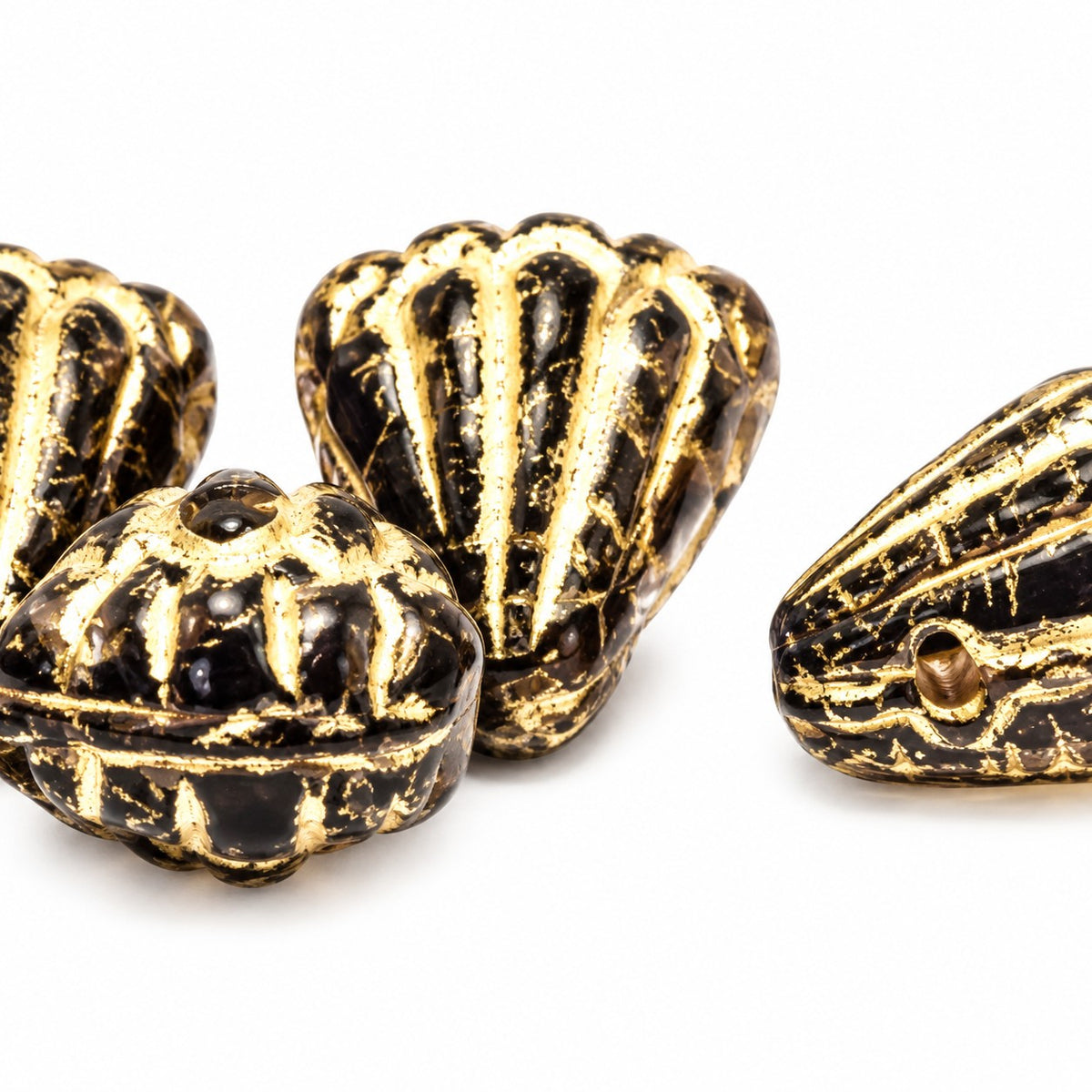 Flower Beads, Black Gold Lined (23980-54202), Glass, Czech Republic