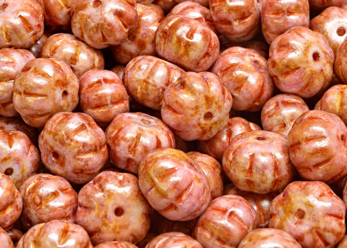 Pumpkin Beads, White Red Travertin (R2932-86800), Glass, Czech Republic
