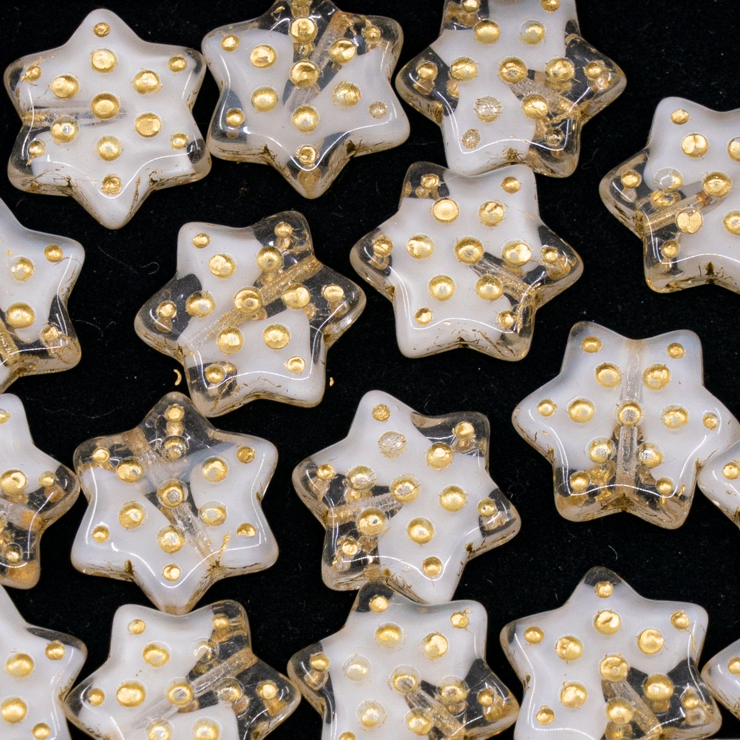 OUTLET 50 grams Pressed Beads Star With Dot, 16 x 16 mm, Mix Crystal White Gold Lined (06008-54302), Glass, Czech Republic