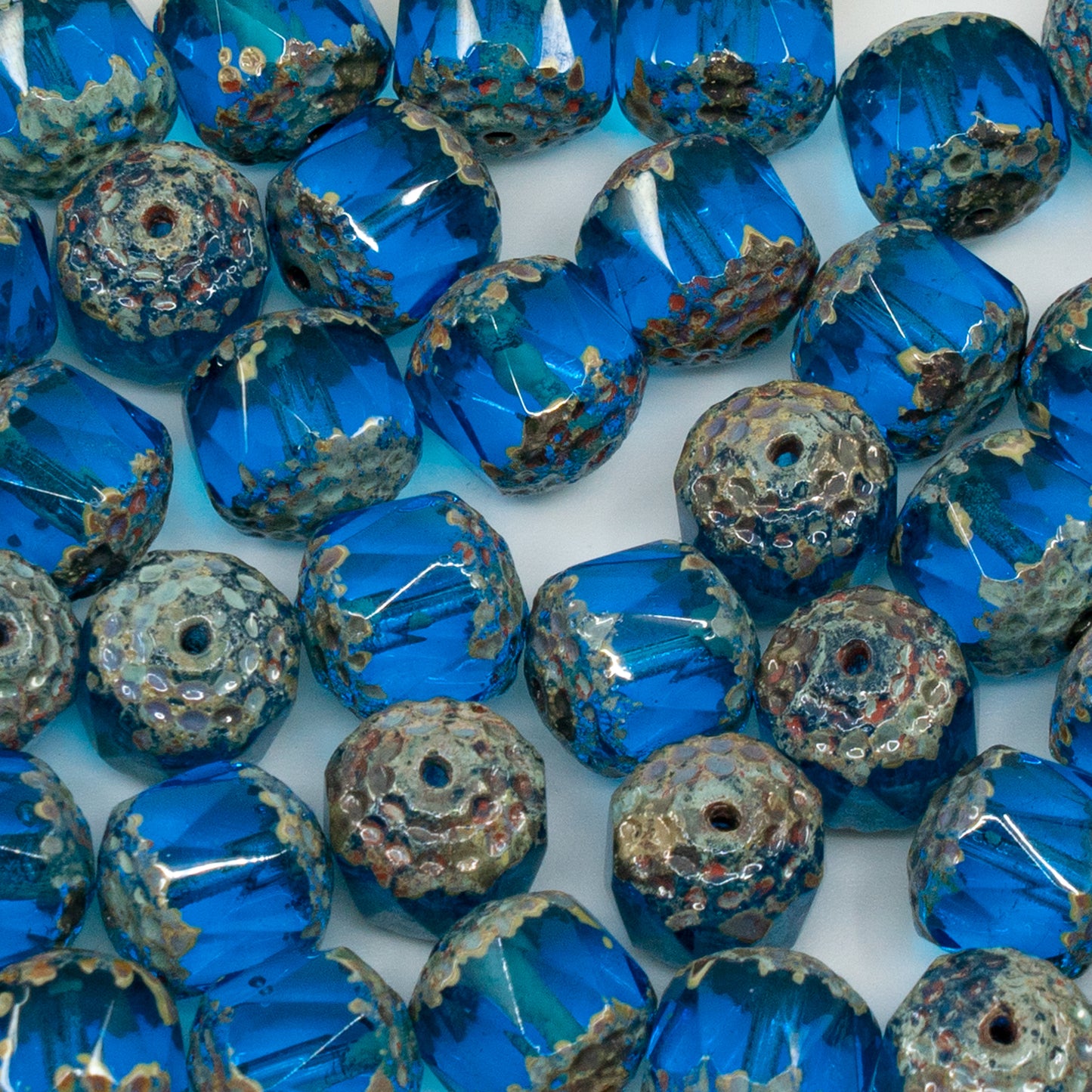 アウトレット 10グラム カテドラルファセットファセットファイアポリッシュビーズ、10 x 10 mm、アクアステインストロング(60030-86805)、ガラス、チェコ共和国