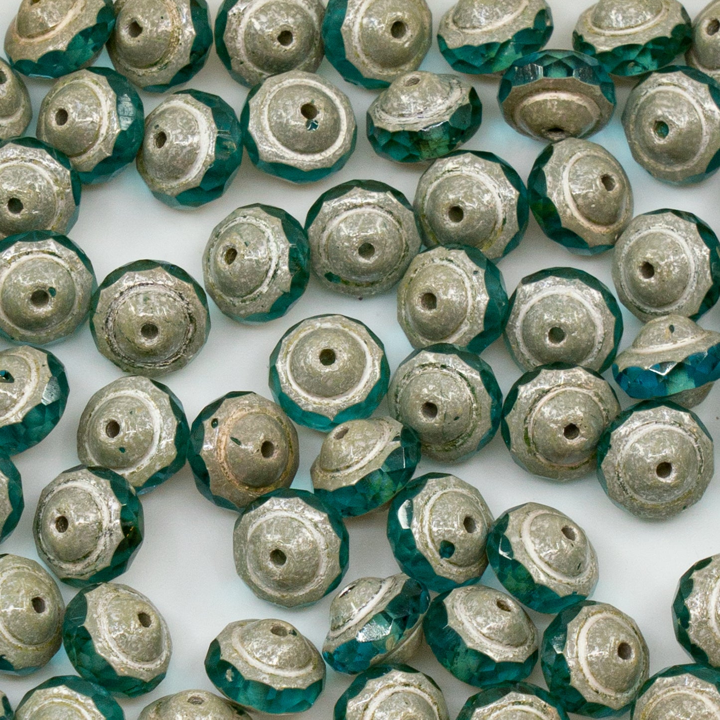 OUTLET 10g Faceted Special Cut Beads, 6 x 8 mm, Transparent Aqua Antique Silver Patina (60010-81002), Glass, Czech Republic