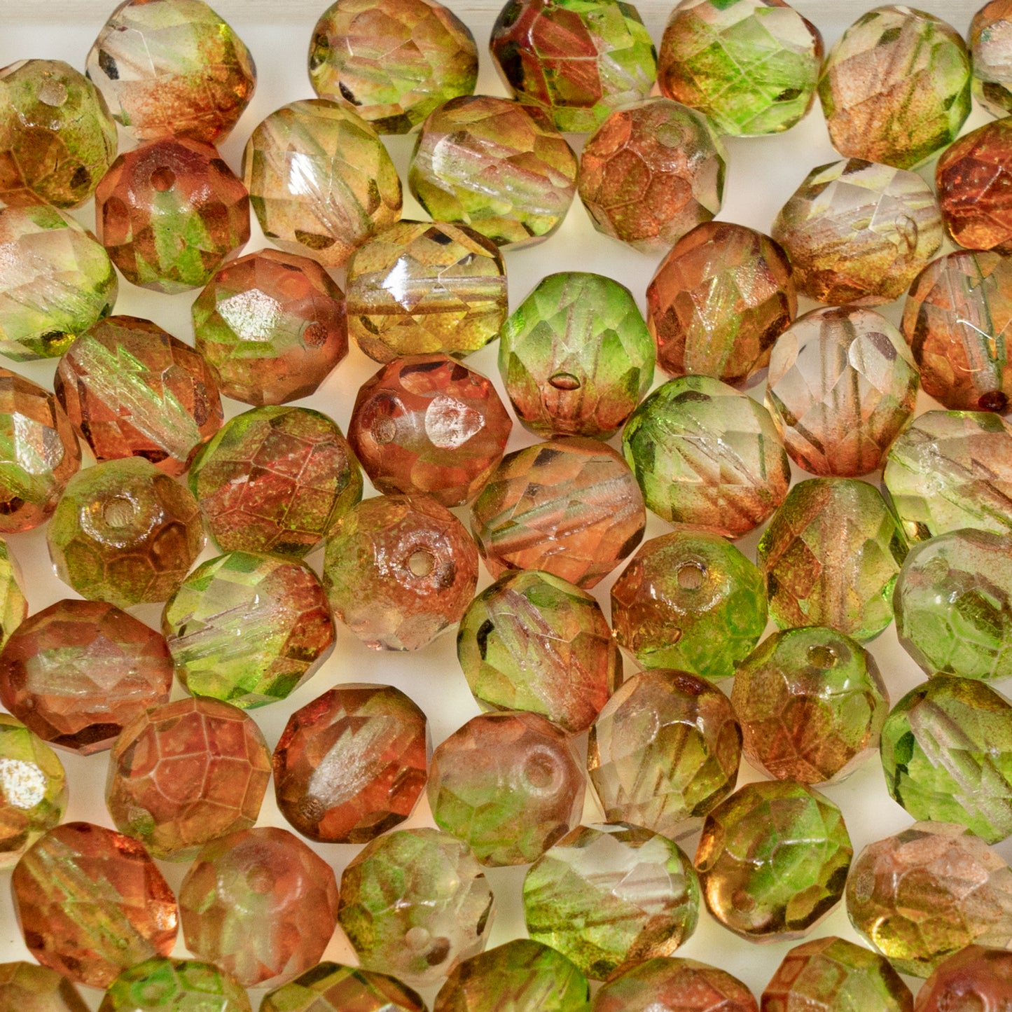 OUTLET 10 克刻面圆形火抛光珠,8 x 8 毫米,橙绿色水晶(00030-橙绿色),玻璃,捷克共和国