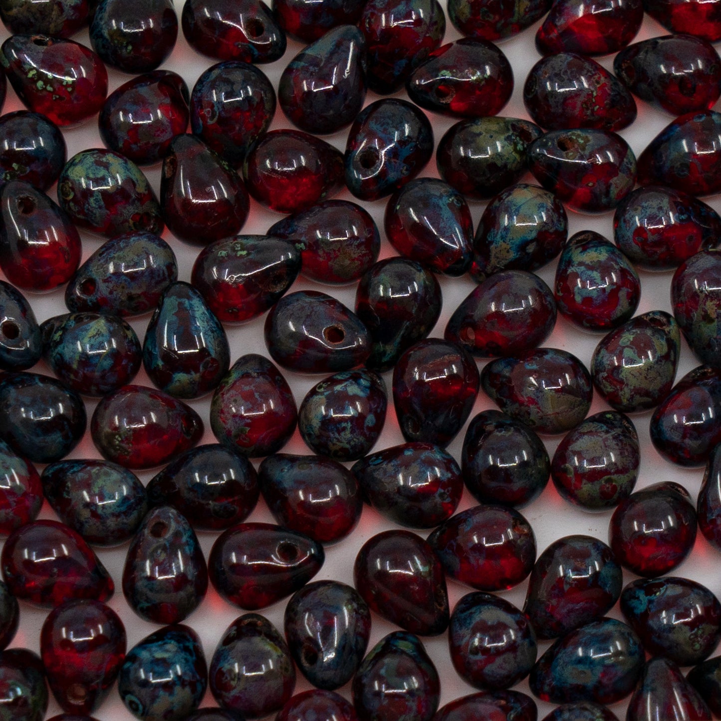 OUTLET 250g/50g Teardrop Drop Beads, 6 x 8 mm, Ruby Red Travertin (90080-86800), Glass, Czech Republic