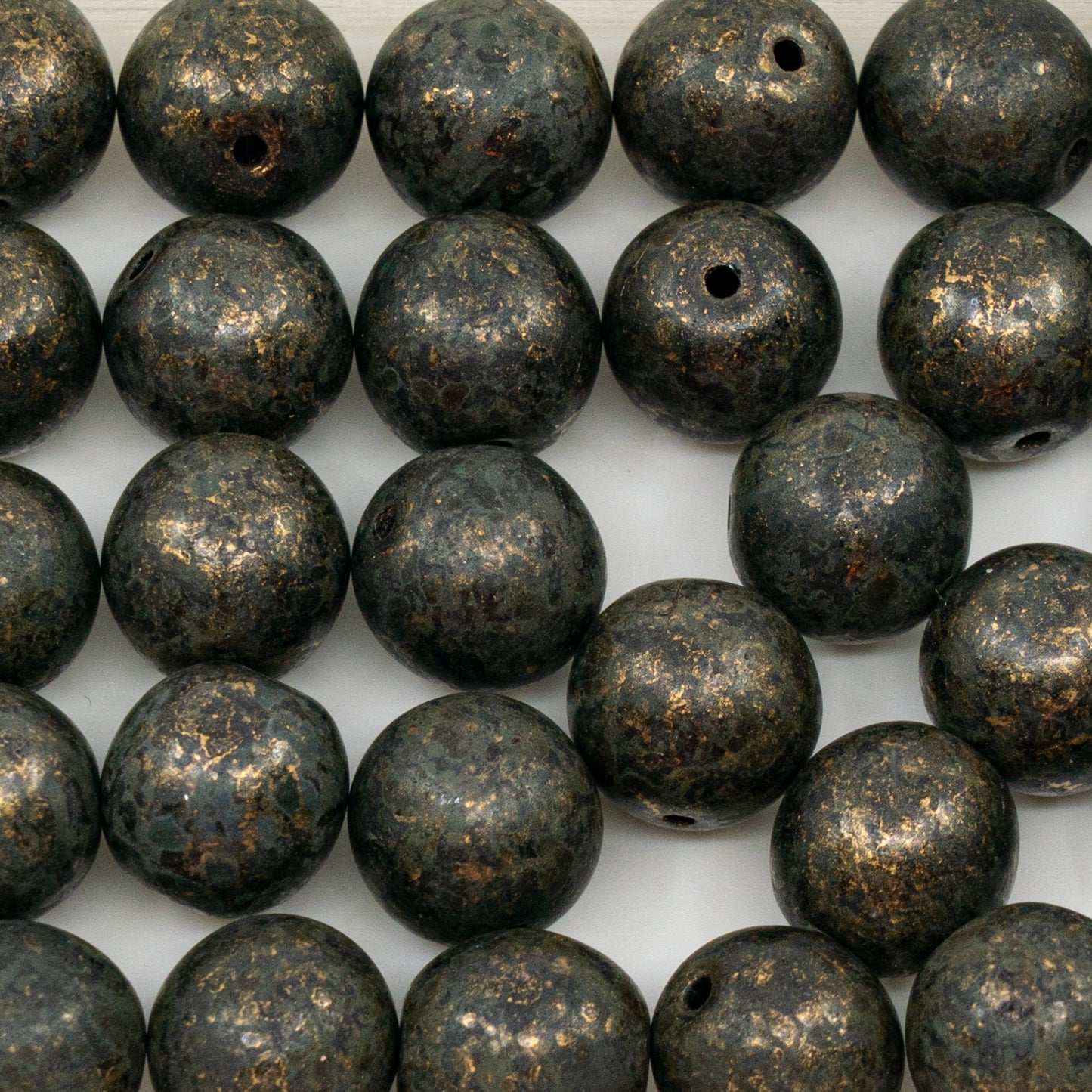 OUTLET 10 grams Round Pressed Beads, 12 x 12 mm, Black Matt Travertin Gold Splash (23980-86801-95502), Glass, Czech Republic