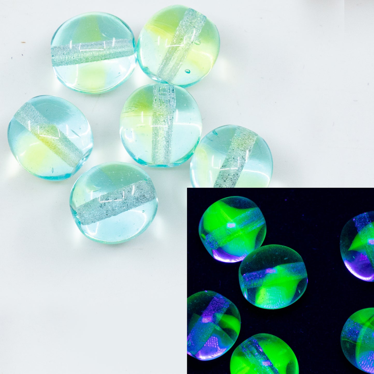 OUTLET 10 grams Round Druck Beads, 11 x 11 mm, Green Yellow Mixed Glass (67801), Glass, Czech Republic