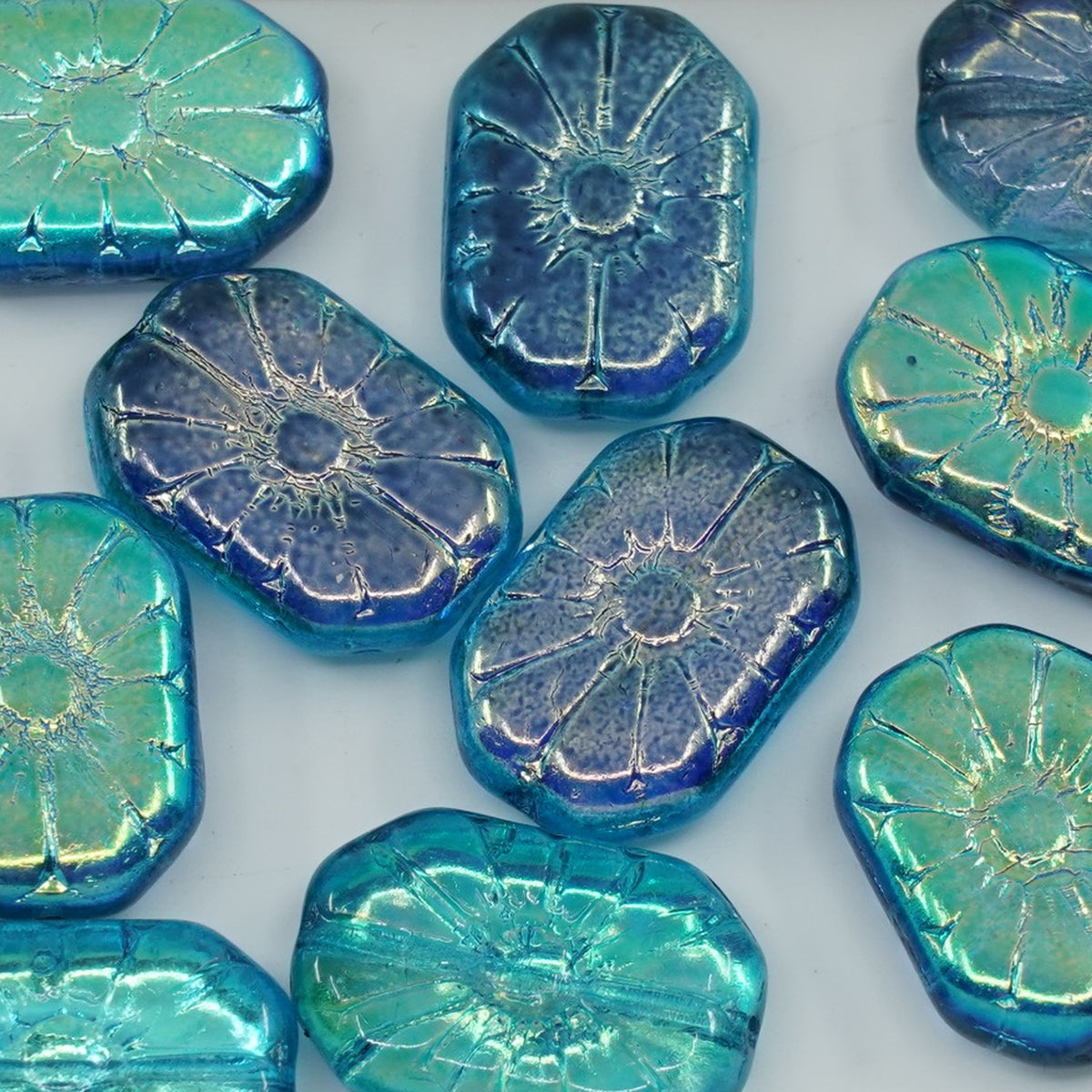 OUTLET 250g/50g Rounded Rectangle With Flower Pressed Glass Beads, 19 x 13 mm, Crystal Glossy Turquoise Blue (00030-48103), Glass, Czech Republic