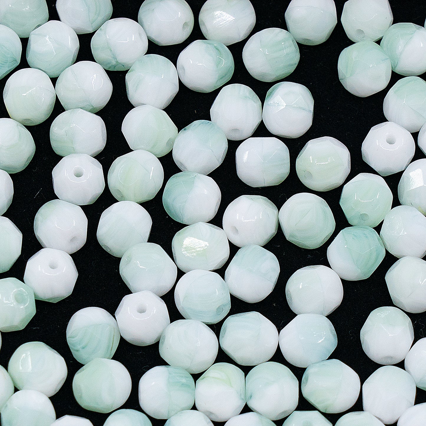 OUTLET 250g/50g Faceted Round Fire Polished Beads, 6 x 6 mm, White Teal (white-teal), Glass, Czech Republic