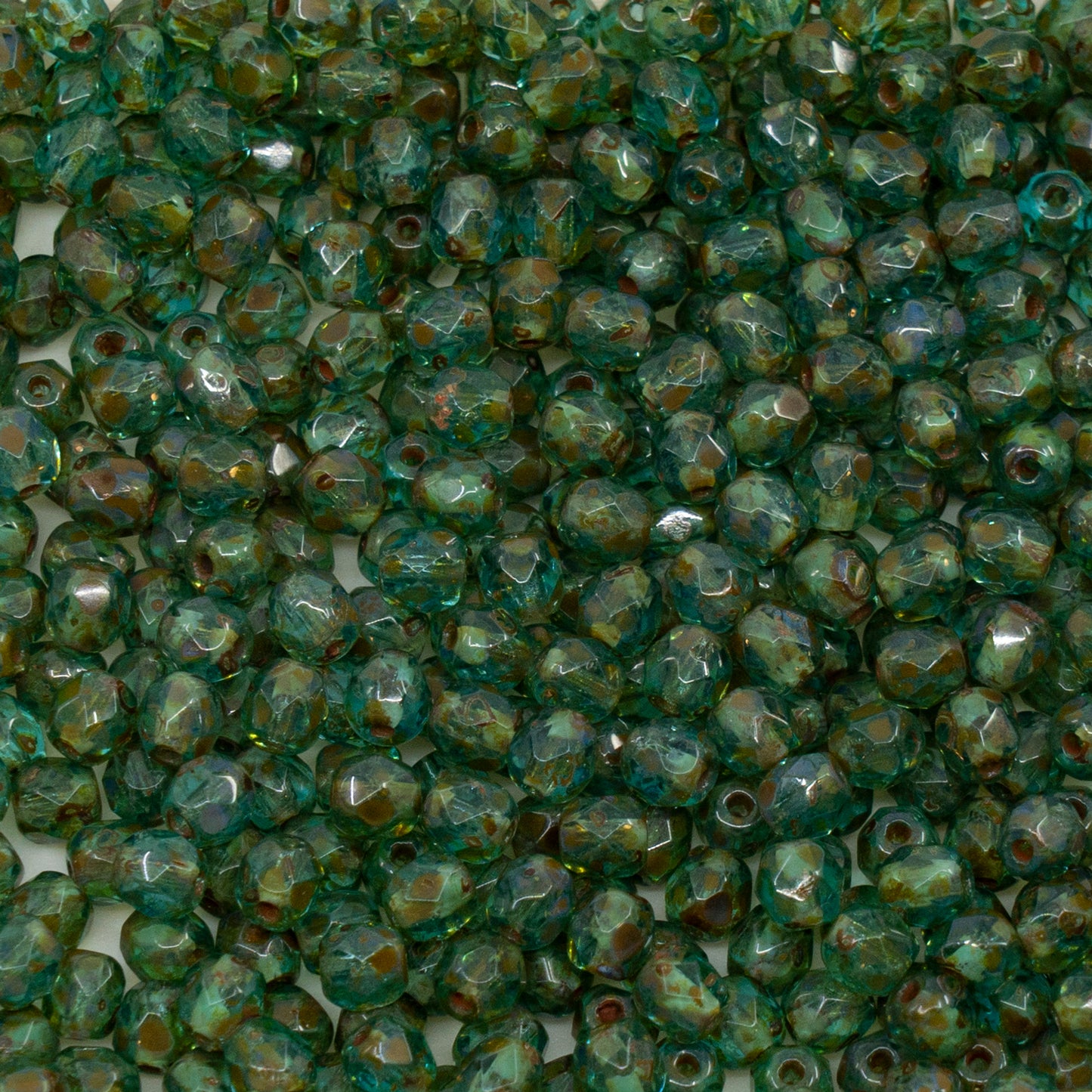 アウトレット(125g/250g)ファセットラウンドファイアポリッシュビーズ、透明アクアトラバーチン(60020-86800)、ガラス、チェコ共和国