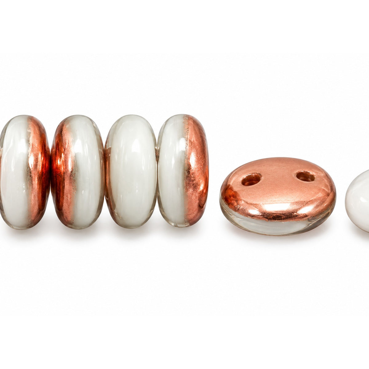 Donuts And Discs 2-Hole Pressed Beads, White Rose Gold Capri (2010-27101), Glass, Czech Republic