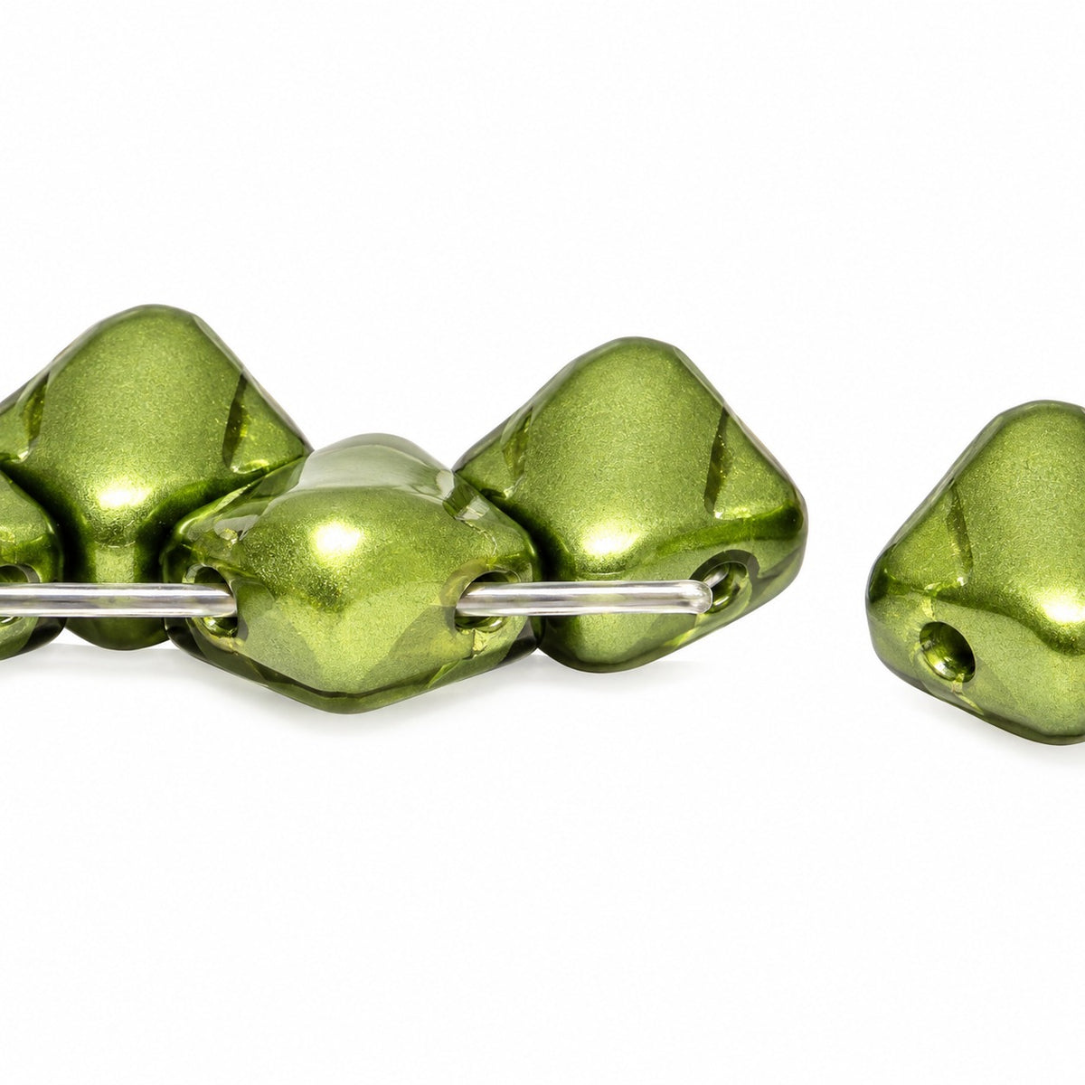 Silky 2-Hole Square Beads, White Laser Etched Decor On Olive (02010-25034), Glass, Czech Republic