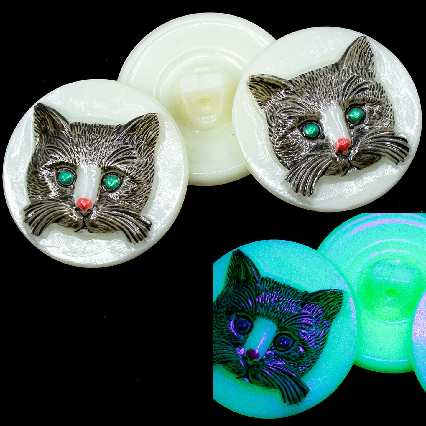 OUTLET 1 pcs Czech Glass Handmade Button, Size 8 (18 mm), Animal Design - Cat (), Glass, Czech Republic