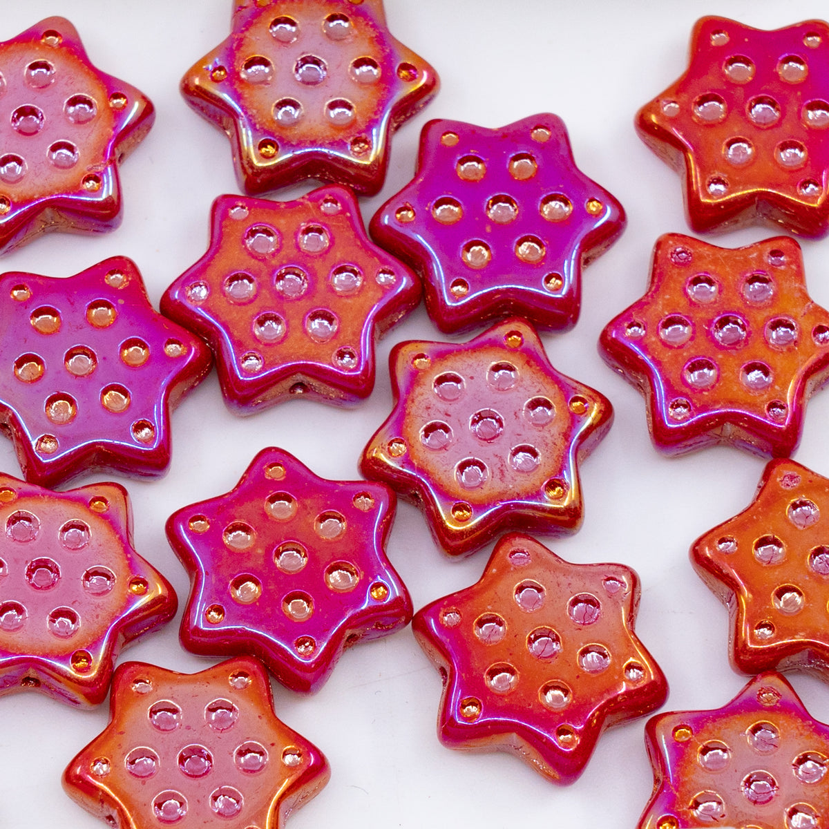 OUTLET 250g/50g Pressed Beads Star With Dot, 16 x 16 mm, Opaque Red Brown Iris (93200-21415), Glass, Czech Republic