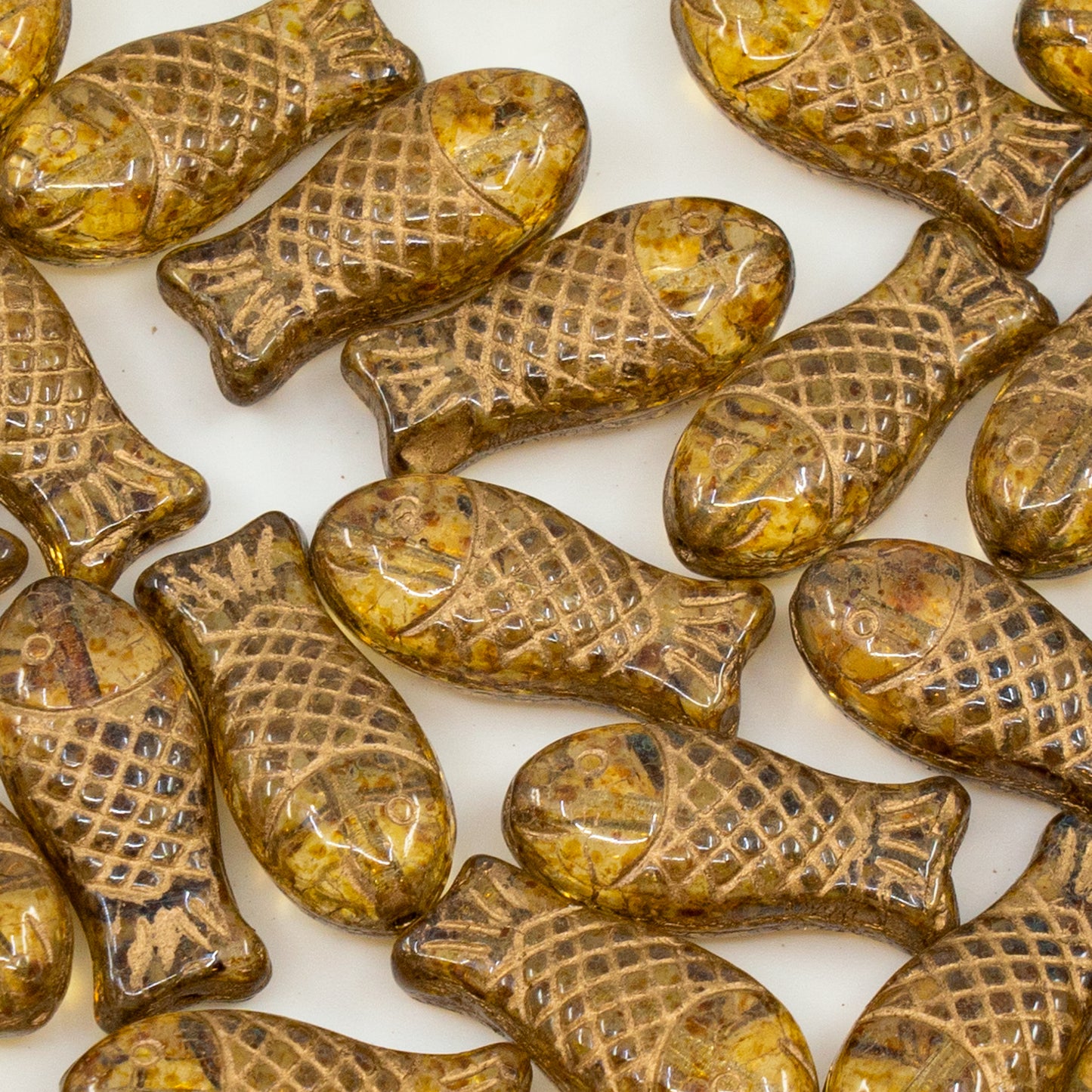 アウトレット 250g ミディアムフィッシュビーズ、20 x 7 mm、クリスタルトラバーチンゴールドライニング(00030-86800-54302)、ガラス、チェコ共和国