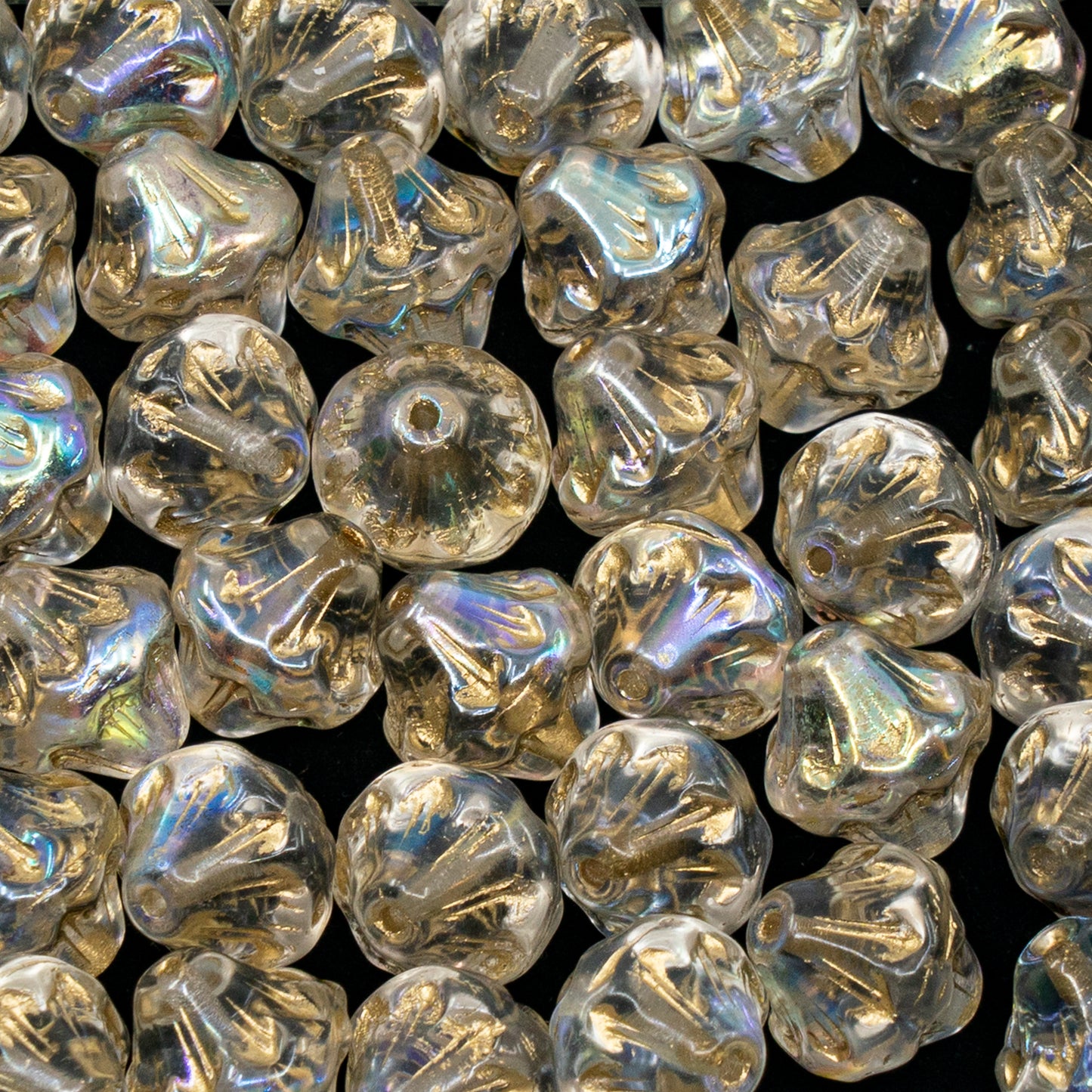 アウトレット 10グラム ランタンプレスガラスビーズ、11 x 11 mm、クリスタルゴールドラインAb(00030-54302-AB)、ガラス、チェコ共和国