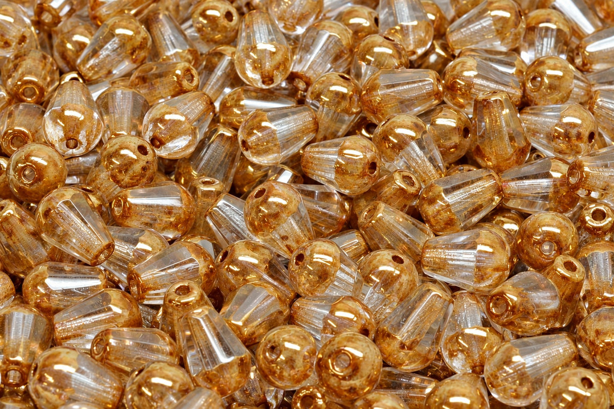 Faceted Fire Polished Teardrop Beads, Crystal Travertin (00030-86800), Glass, Czech Republic