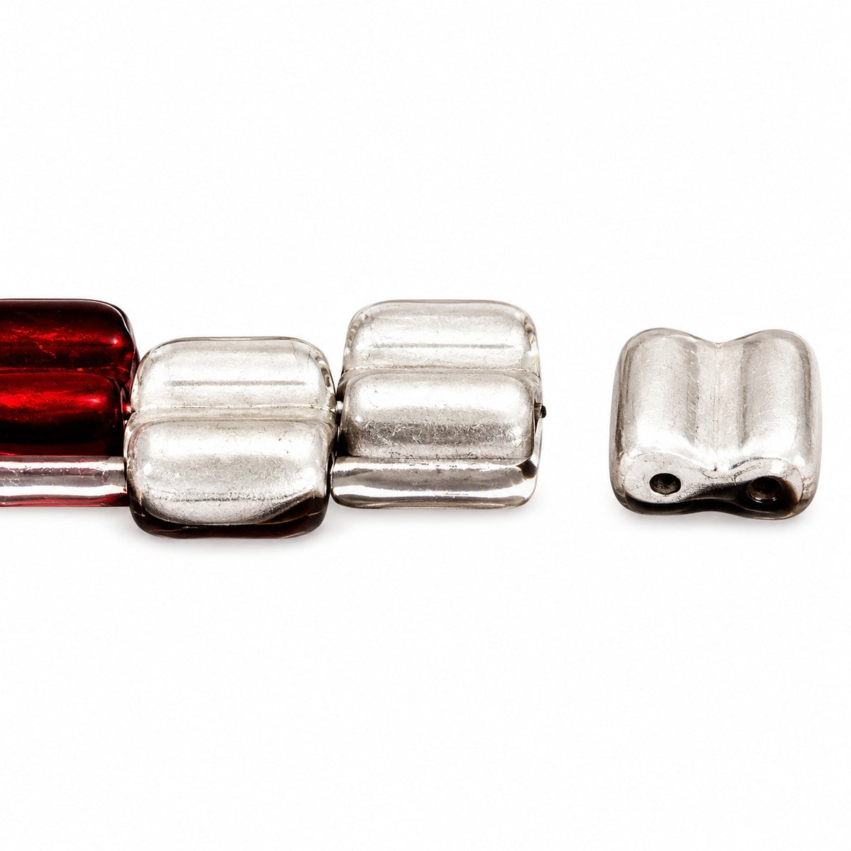 Silky 2-Hole Square Beads, Transparent Red Matte Crystal Silver Half Coating (90100-84110-27001), Glass, Czech Republic