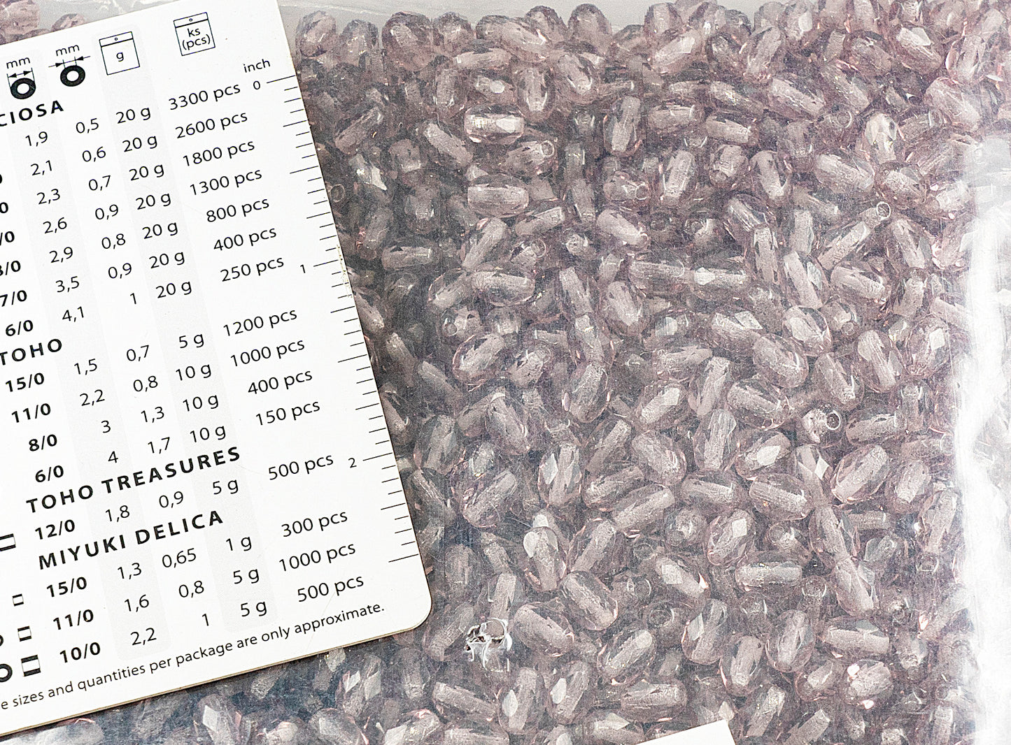 アウトレット 250g ファセット加工 ファイアポリッシュ オーバルビーズ オリーブ 7 x 5 mm 透明ライトアメジスト (20030) ガラス チェコ共和国