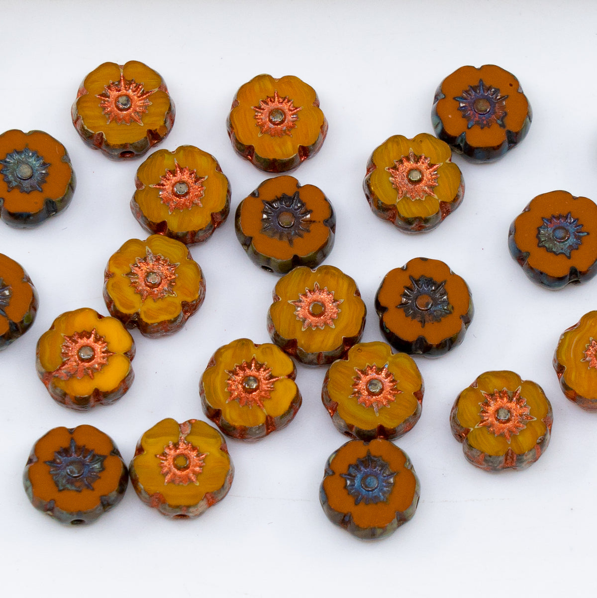 OUTLET 10 grams Table Cut Hawaii Flower Beads, 8 x 8 mm, Brown Mixed Colors (brown-mix), Glass, Czech Republic
