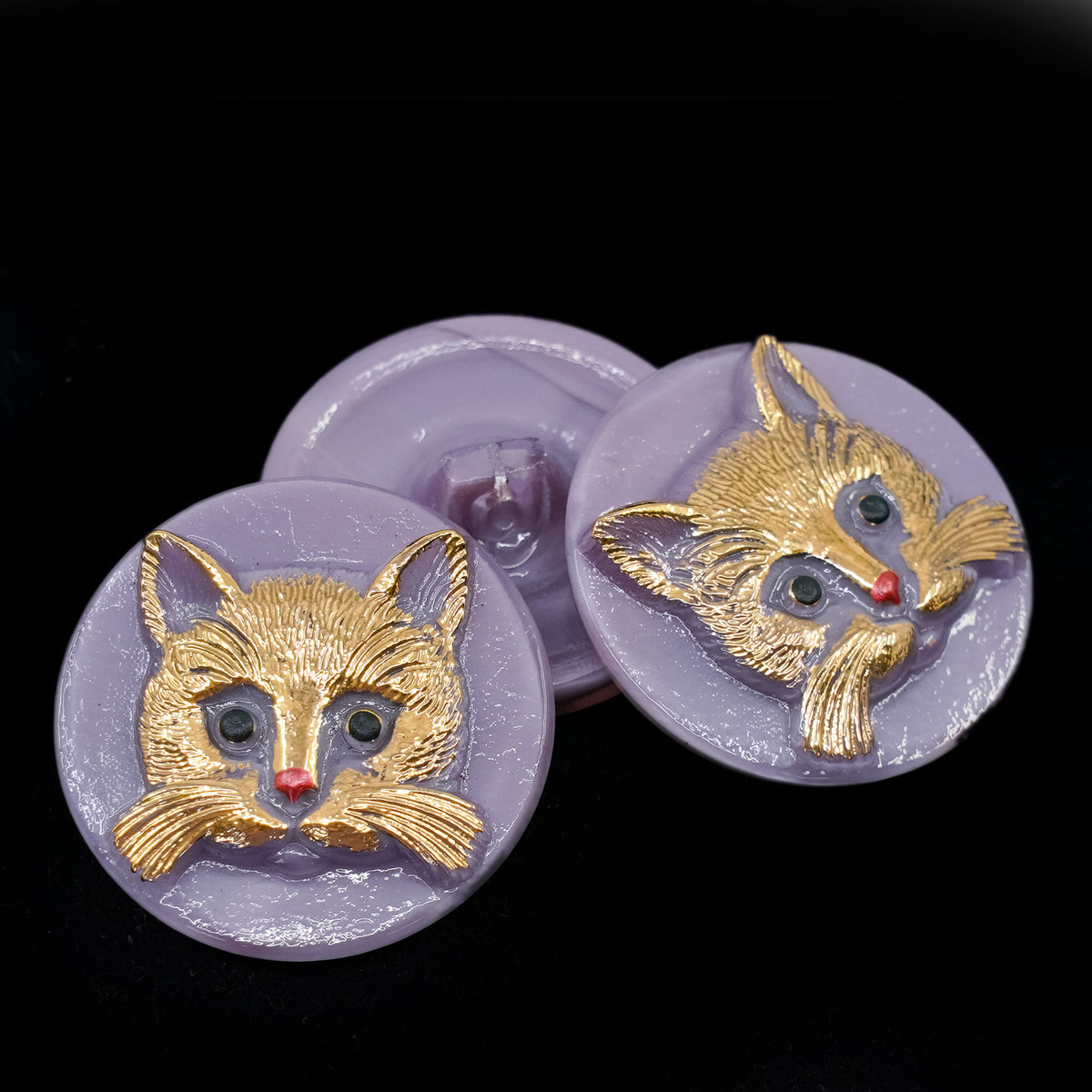 OUTLET 1 pcs Pressed Beads, s12 x mm, Purple with gold cat (ld), Glass, Czech Republic