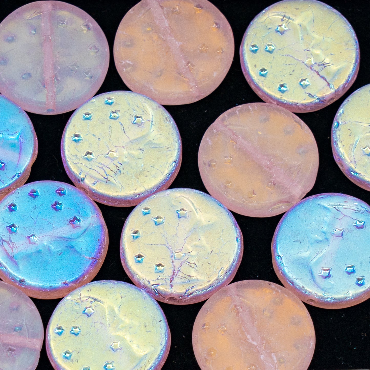 OUTLET 250g/50g Coin Beads with Moon, 16 x 16 mm, Transparent Pink Matte Ab (70120-84100-28701), Glass, Czech Republic
