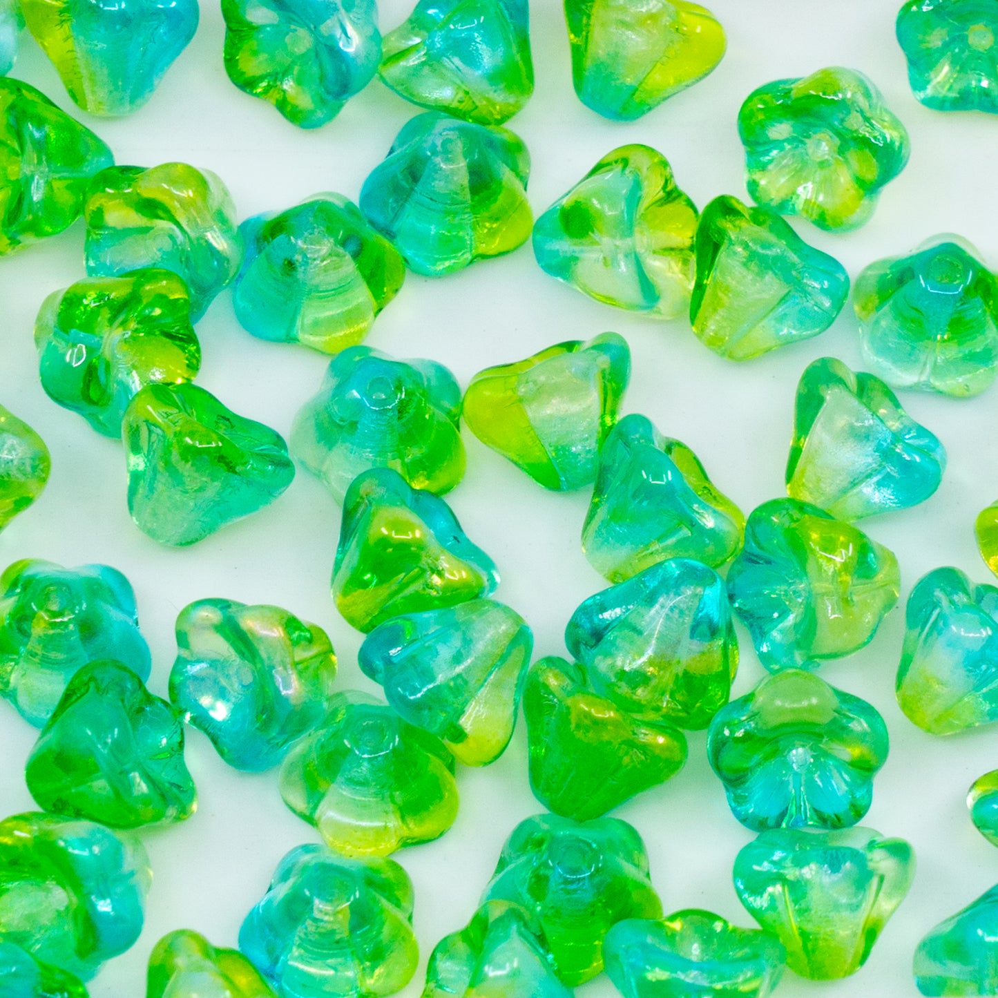 OUTLET 250g/50g Bell Flower Beads, 6 x 8 mm, Crystal Glossy Green Yellow (00030-48110), Glass, Czech Republic