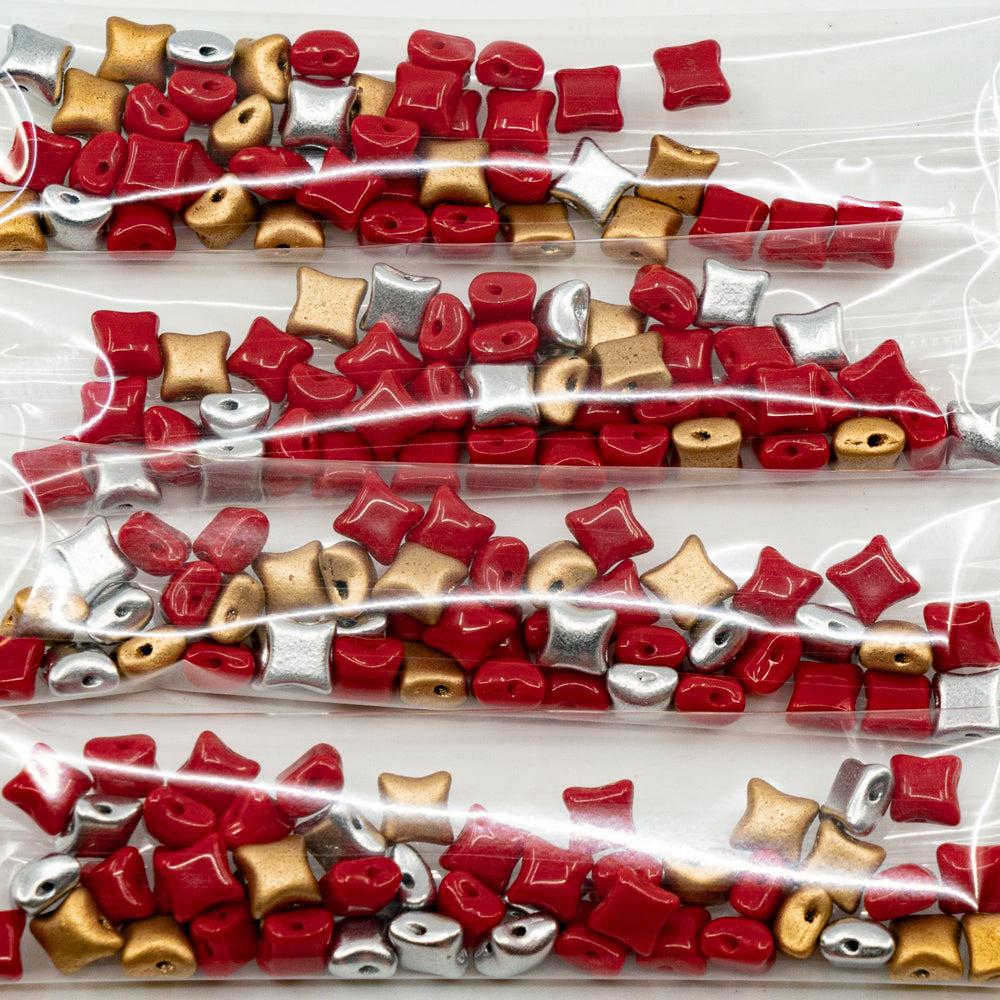 OUTLET 10 克 WibeDuo 2 孔压制星形珠,8 x 8 毫米,红金混合色(红金混合),玻璃,捷克共和国