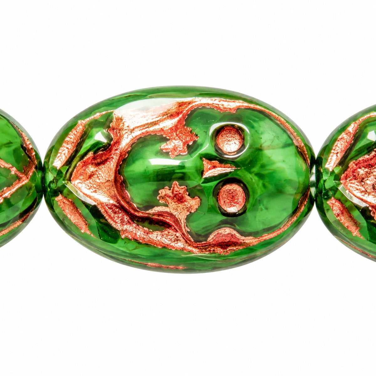 Skull In Oval Beads, Green Malachite Copper Lined (54110-54307), Glass, Czech Republic