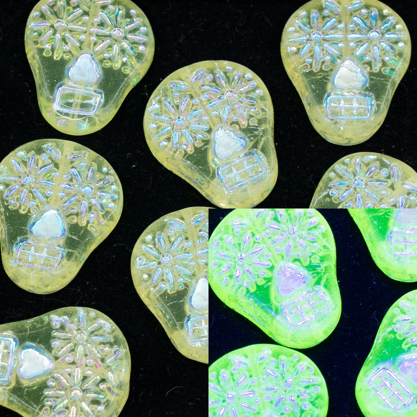 OUTLET 10 grams Sugar Skull Beads, Transparent Yellow Ab Full (2X Side) (80130-28703), Glass, Czech Republic