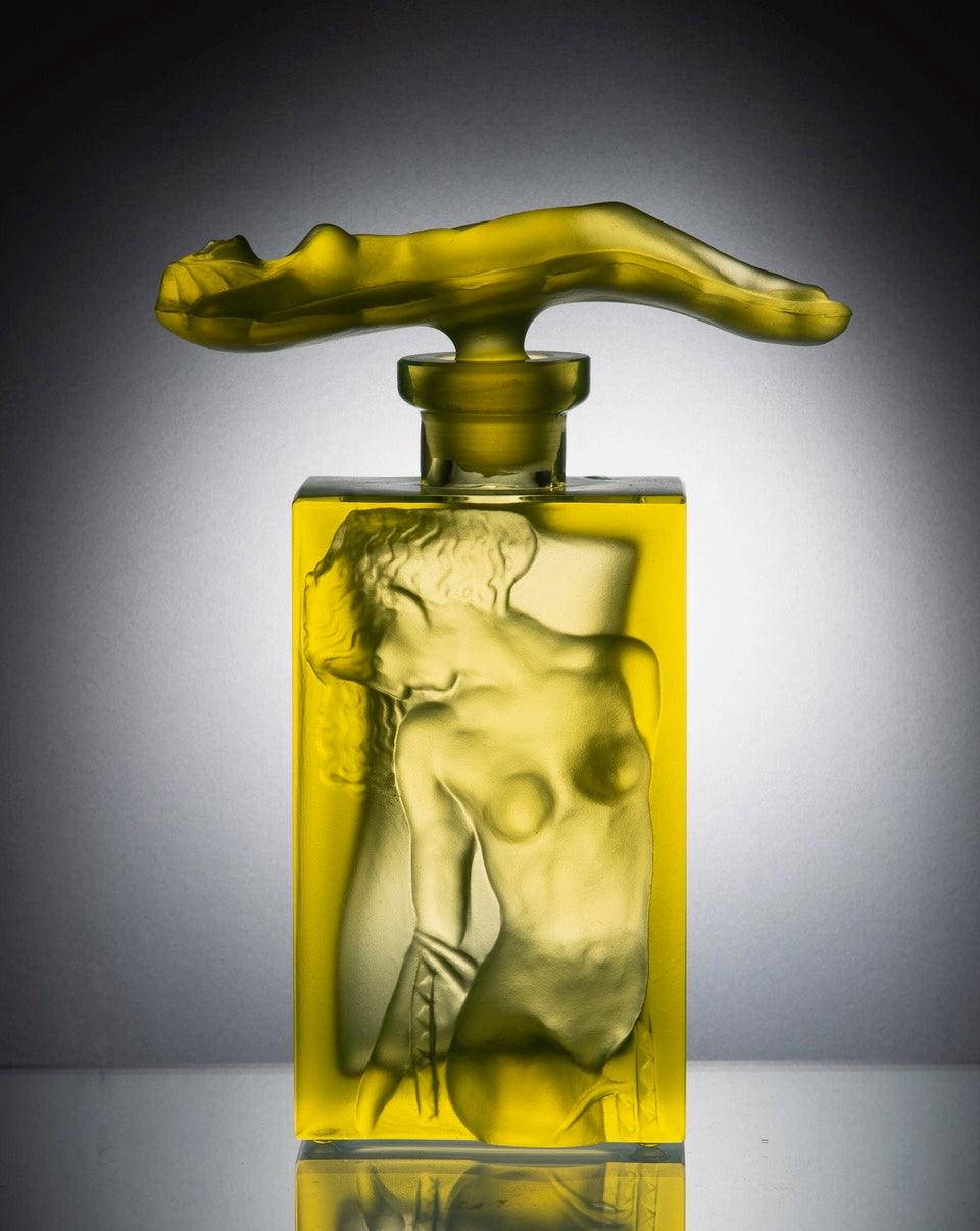 Nude Perfume Bottle with Reclining Woman Stopper – Uranium Art Glass, Czech Republic, OUTLET